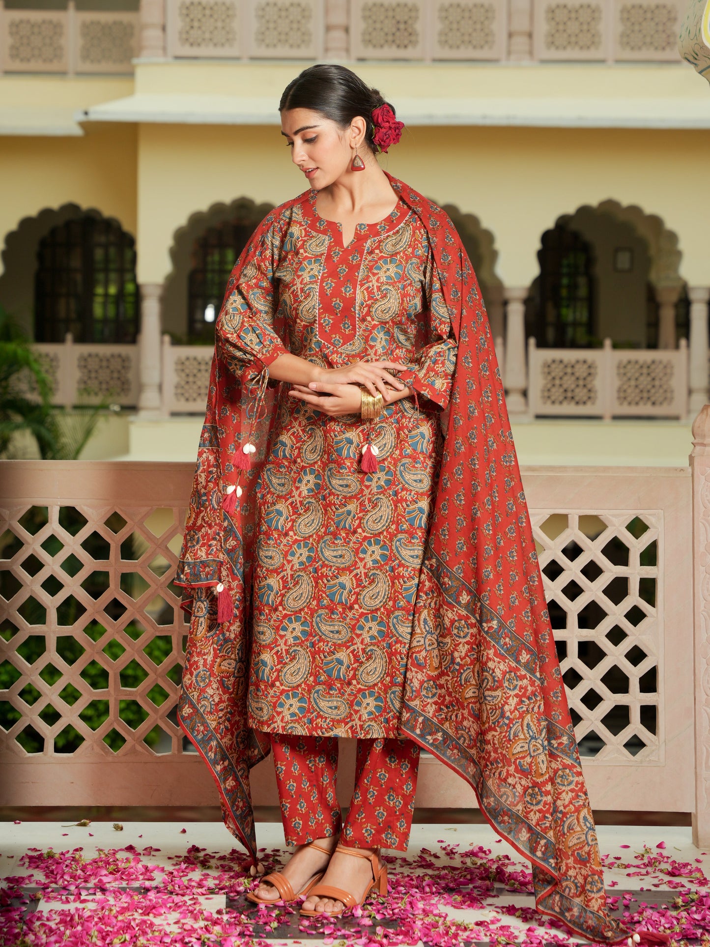 Soft Cotton Floral Straight Red Kurta