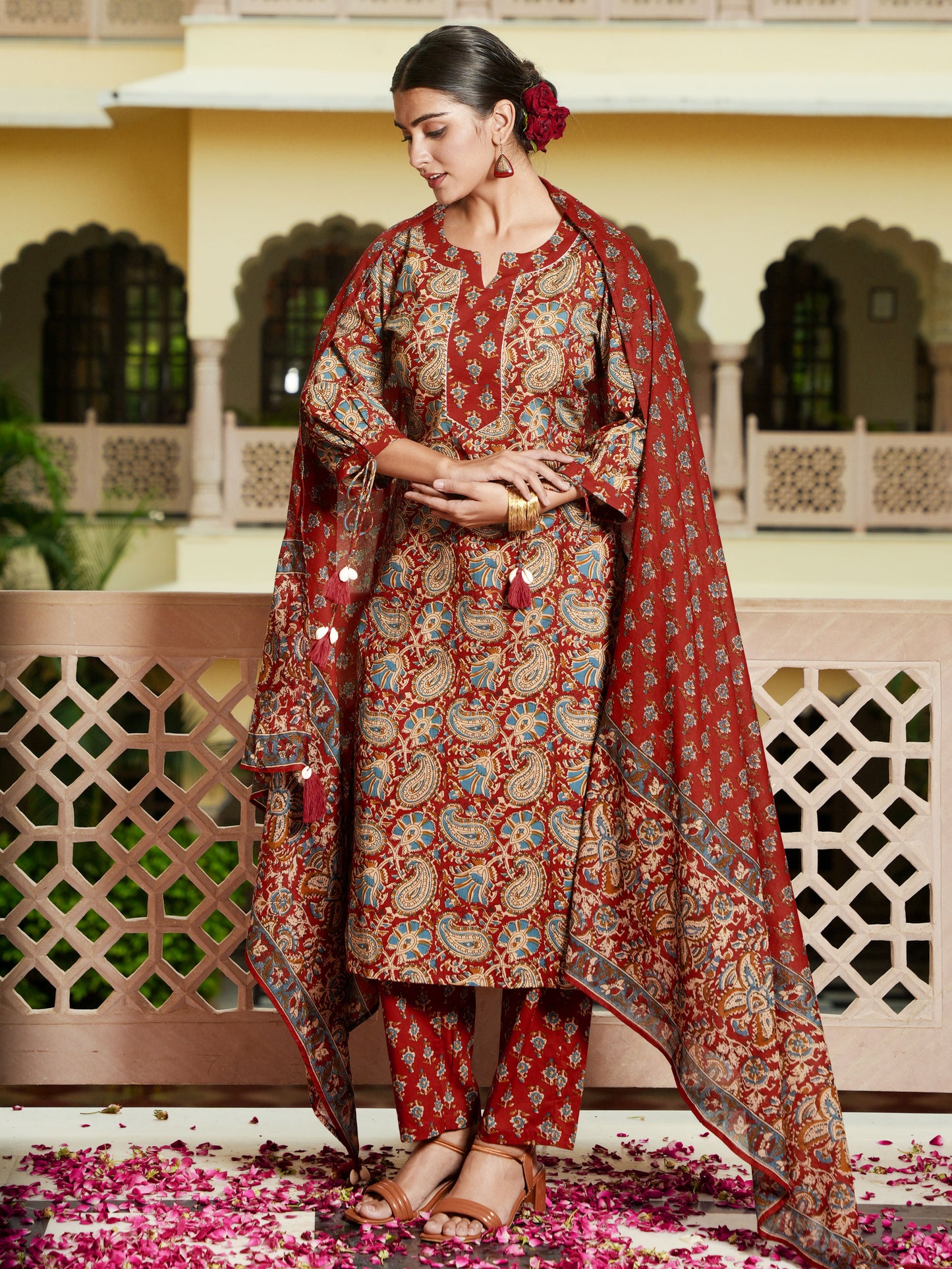 Soft Cotton Floral Straight Red Kurta