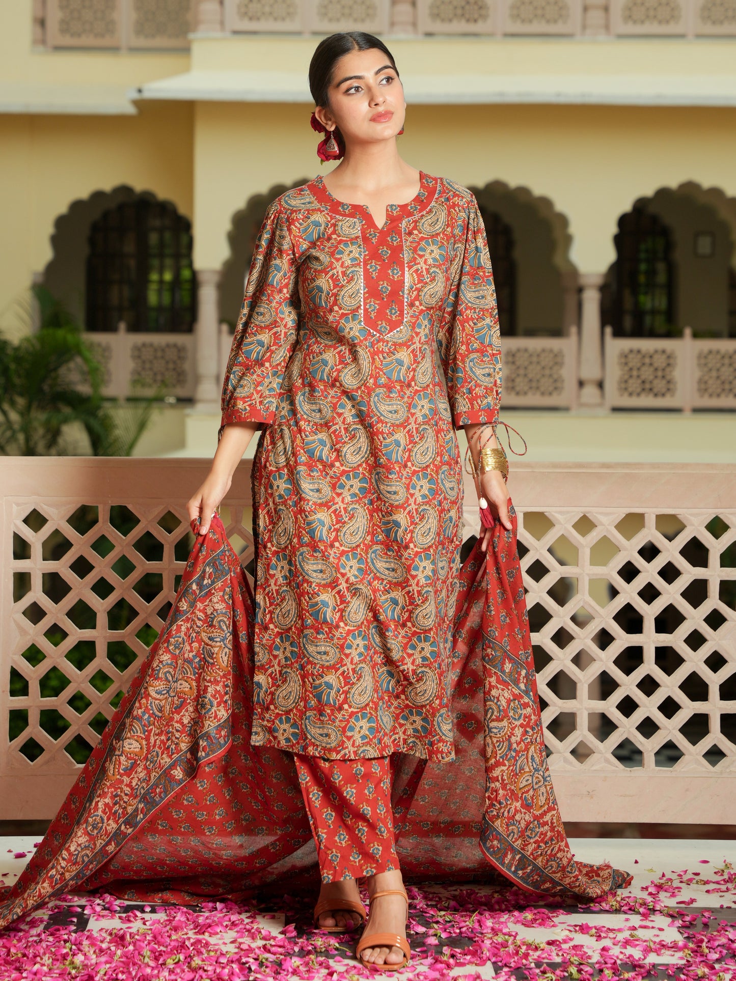 Soft Cotton Floral Straight Red Kurta
