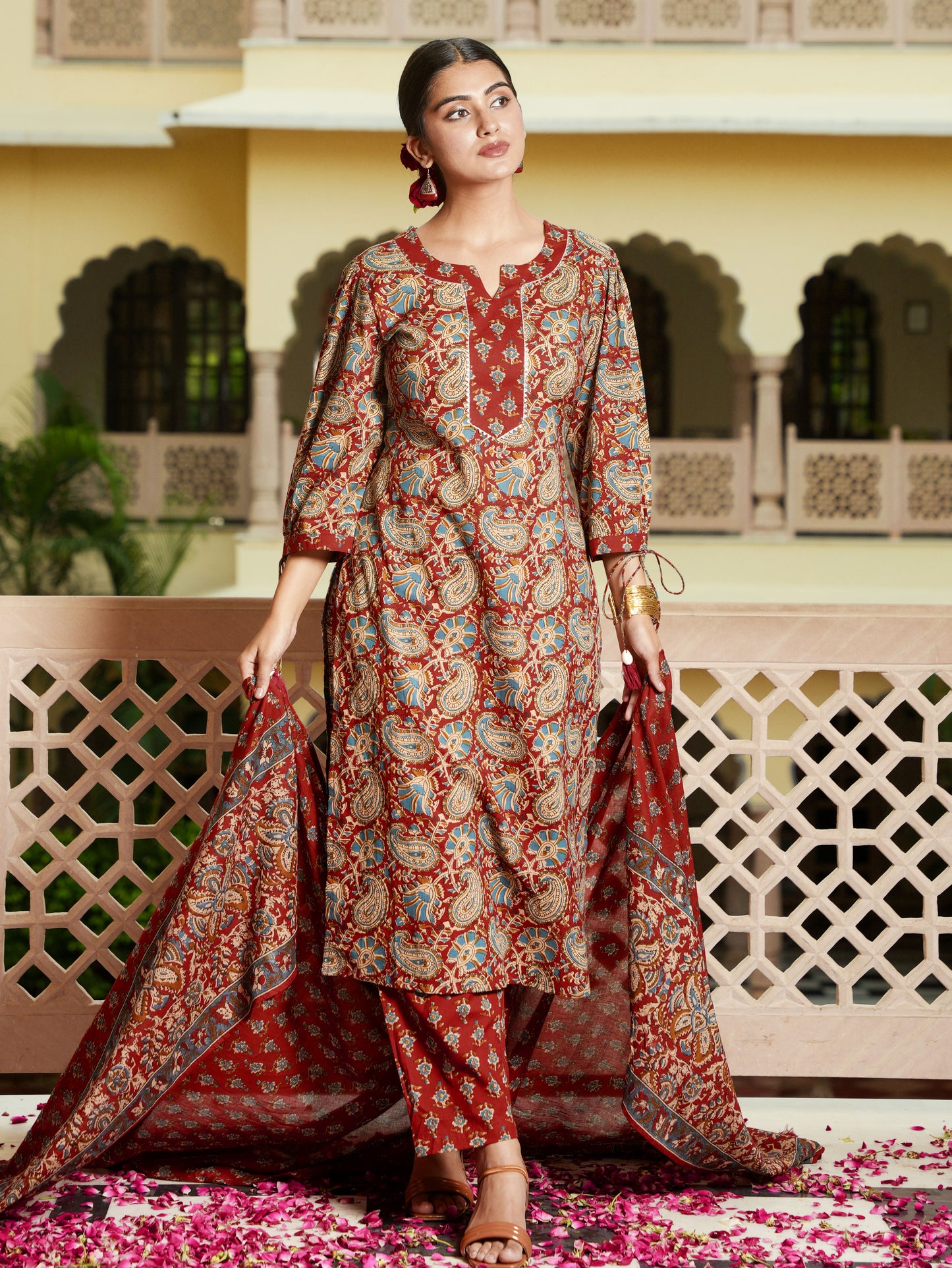Soft Cotton Floral Straight Red Kurta
