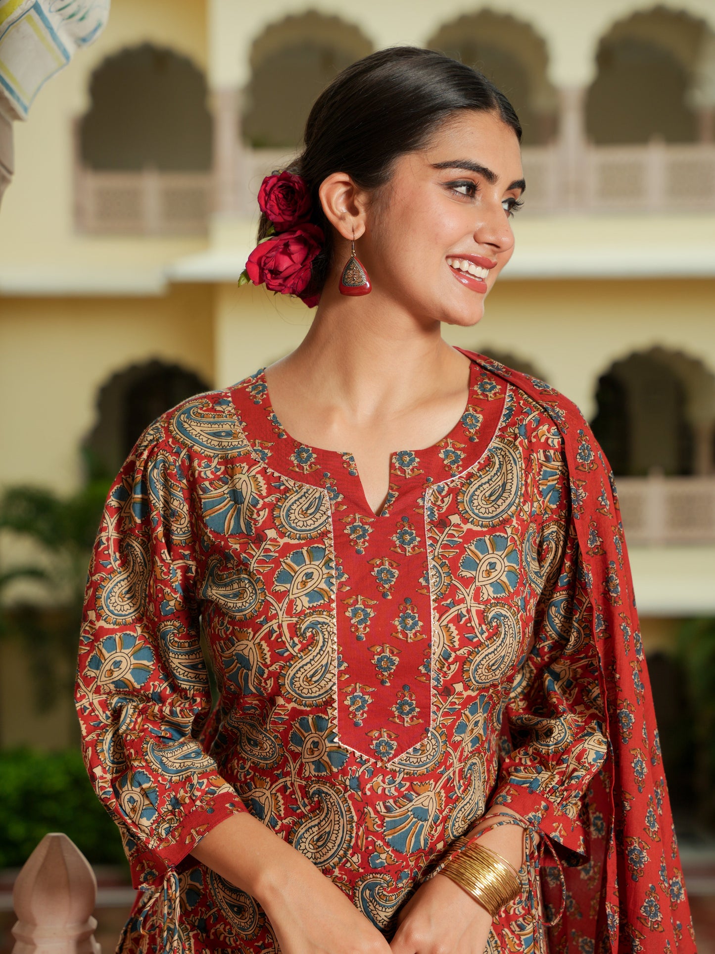 Soft Cotton Floral Straight Red Kurta