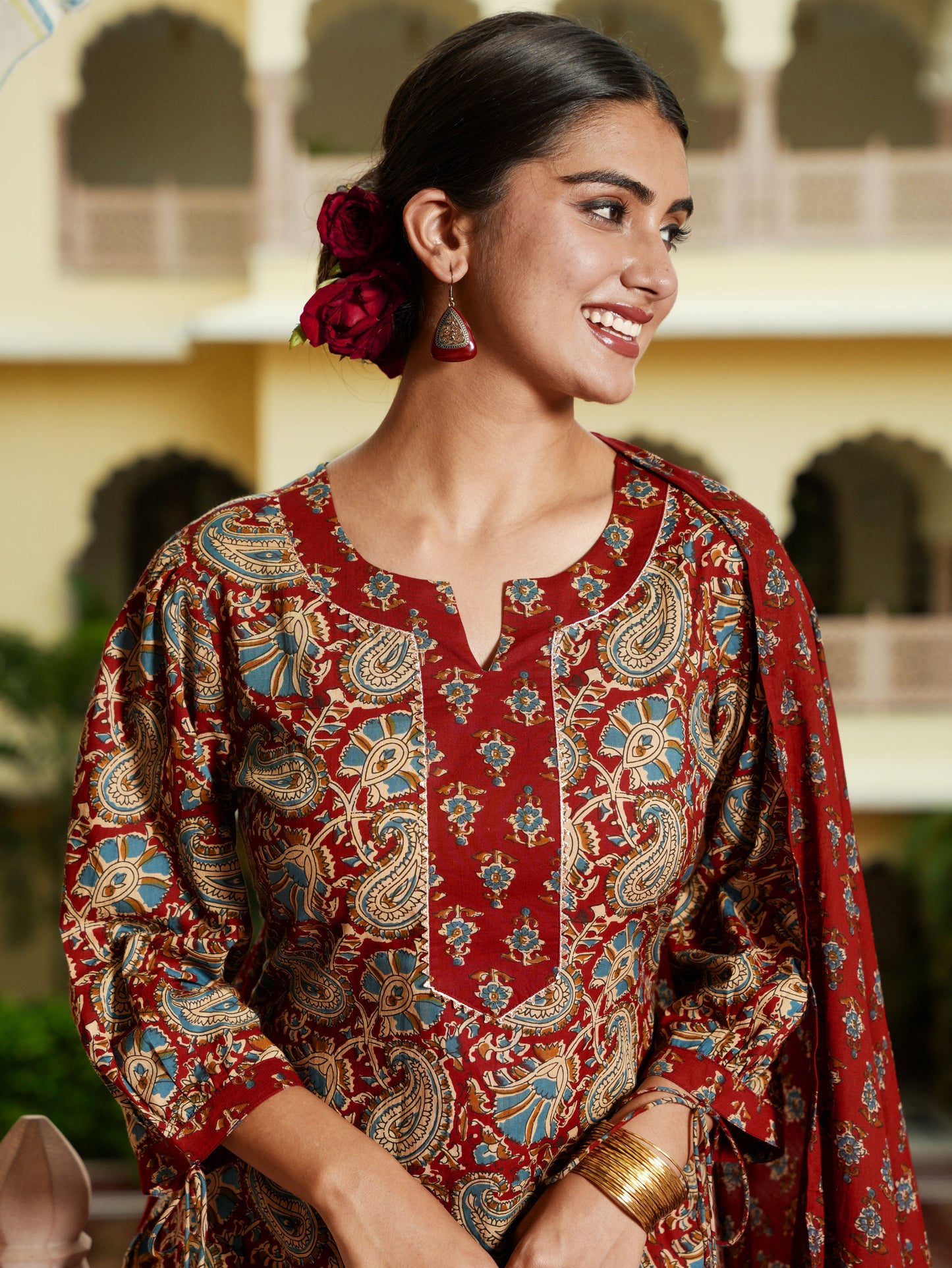 Soft Cotton Floral Straight Red Kurta