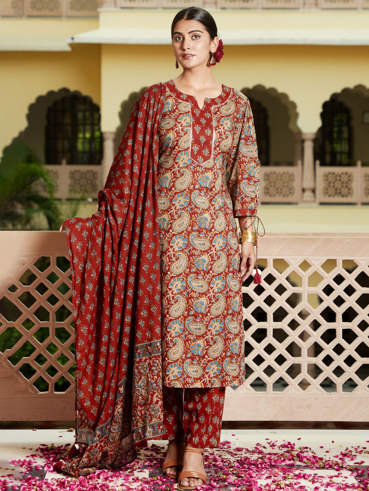Soft Cotton Floral Straight Red Kurta