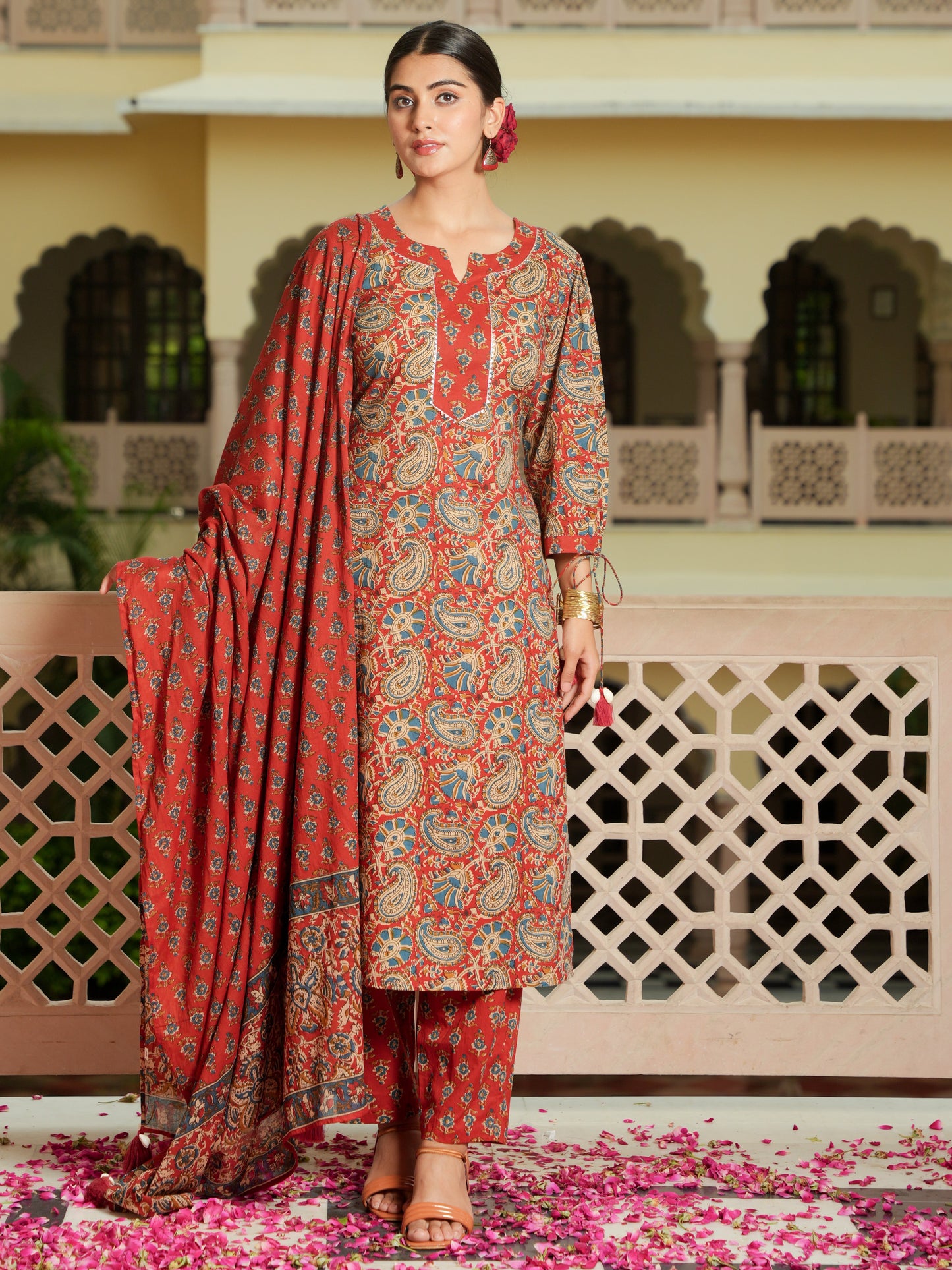 Soft Cotton Floral Straight Red Kurta