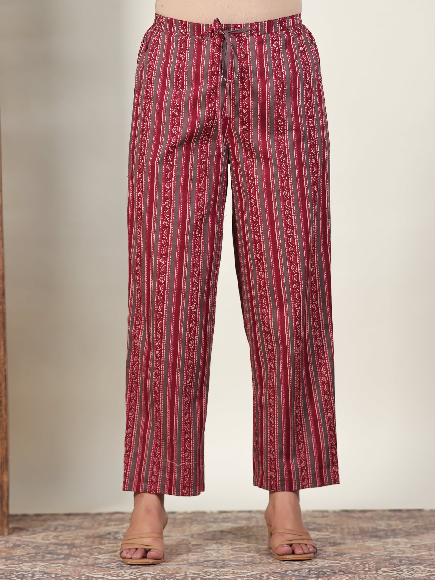 Soft Cotton Striped Maroon Straight Trousers