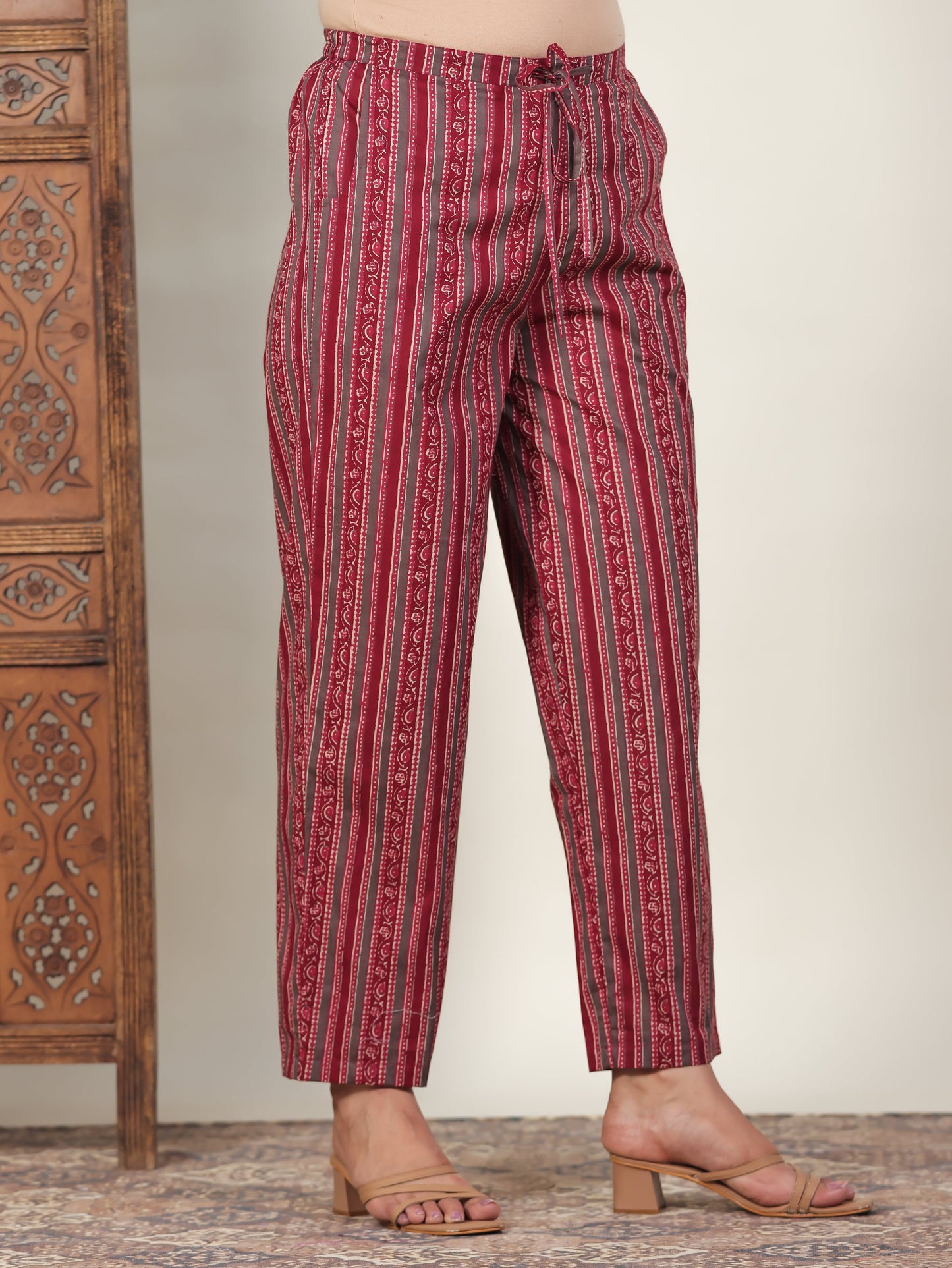 Soft Cotton Striped Maroon Straight Trousers