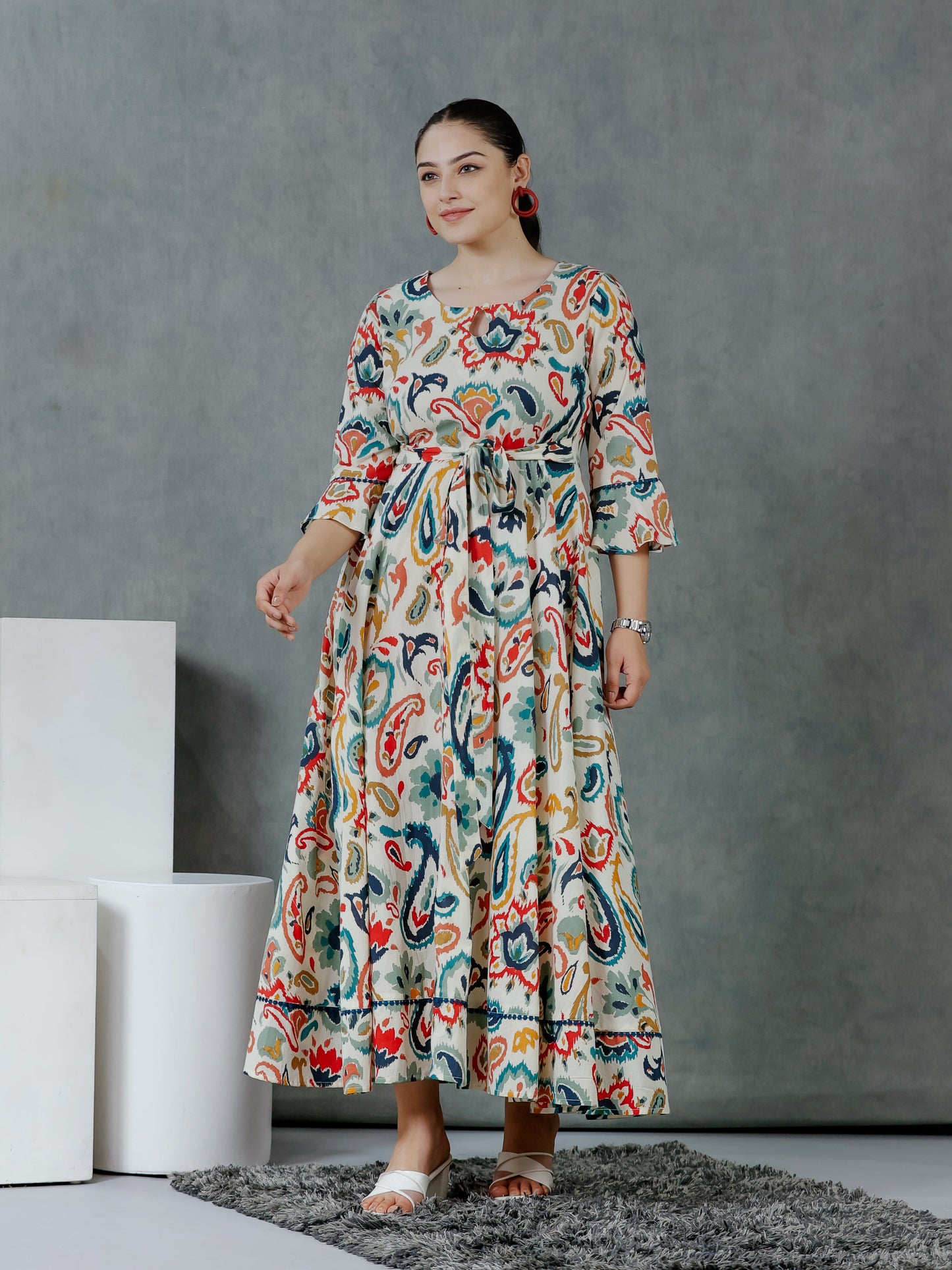 Soft Cotton Paisley Anarkali Off White Dress