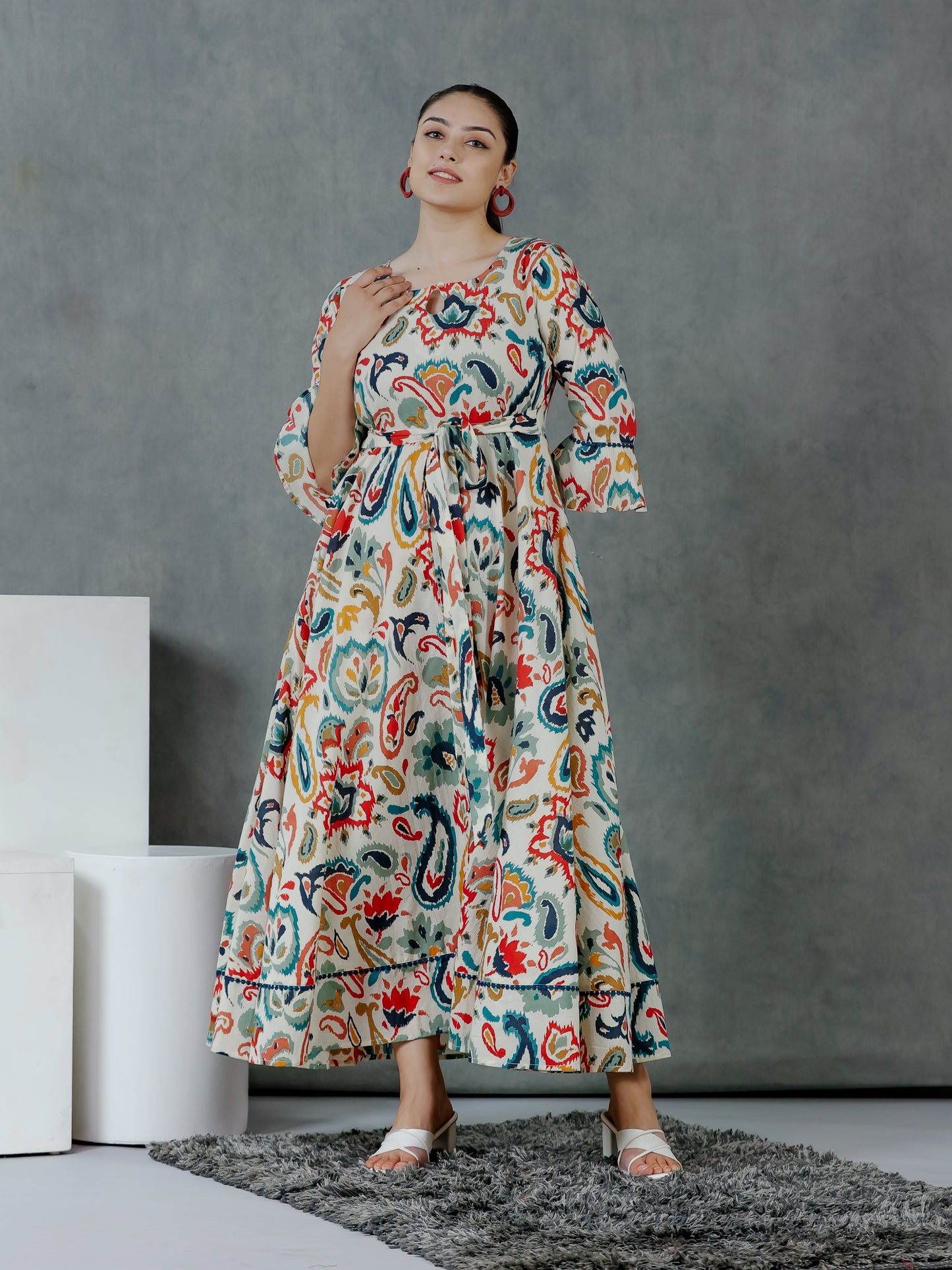 Soft Cotton Paisley Anarkali Off White Dress