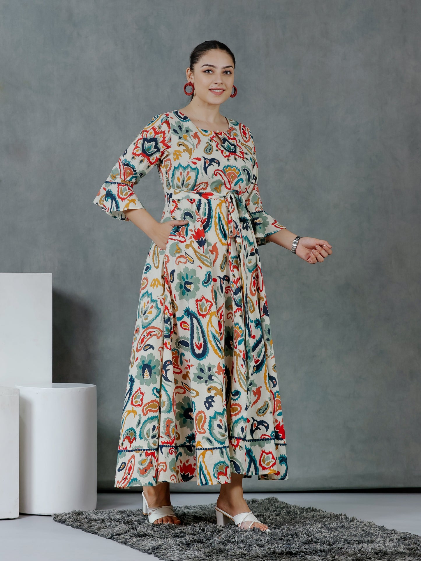 Soft Cotton Paisley Anarkali Off White Dress