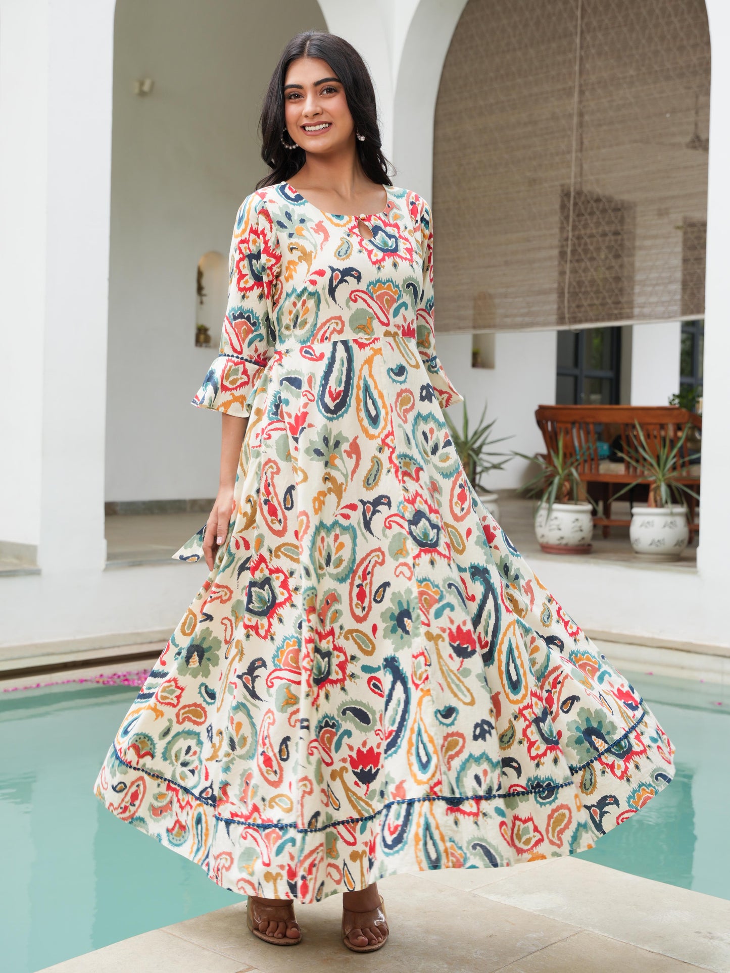 Soft Cotton Paisley Anarkali Off White Dress
