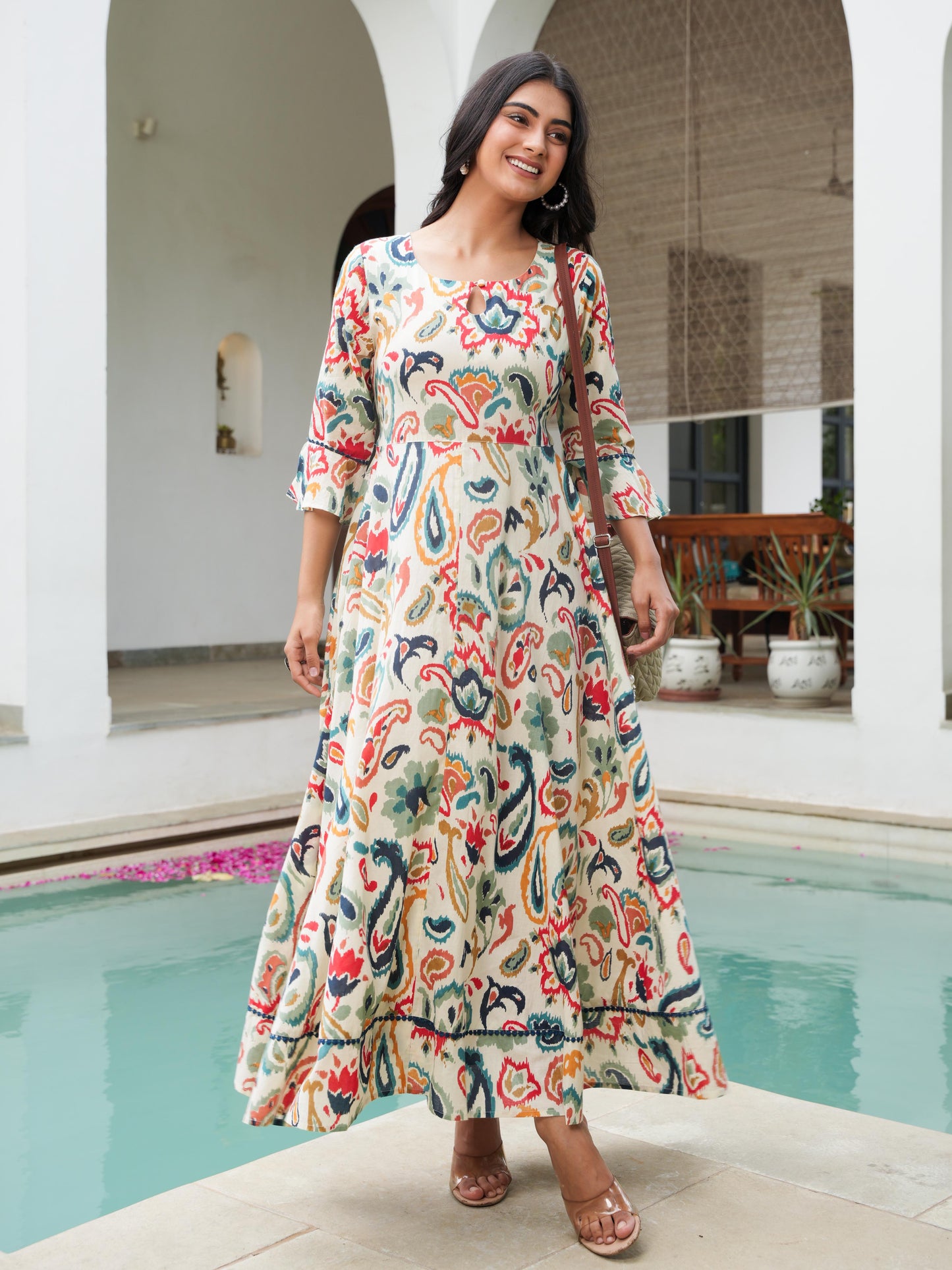 Soft Cotton Paisley Anarkali Off White Dress