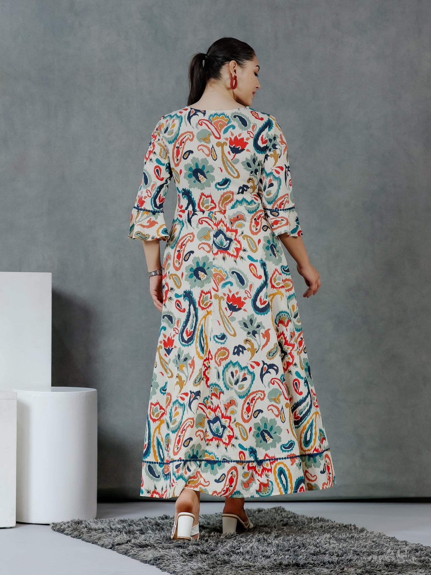 Soft Cotton Paisley Anarkali Off White Dress