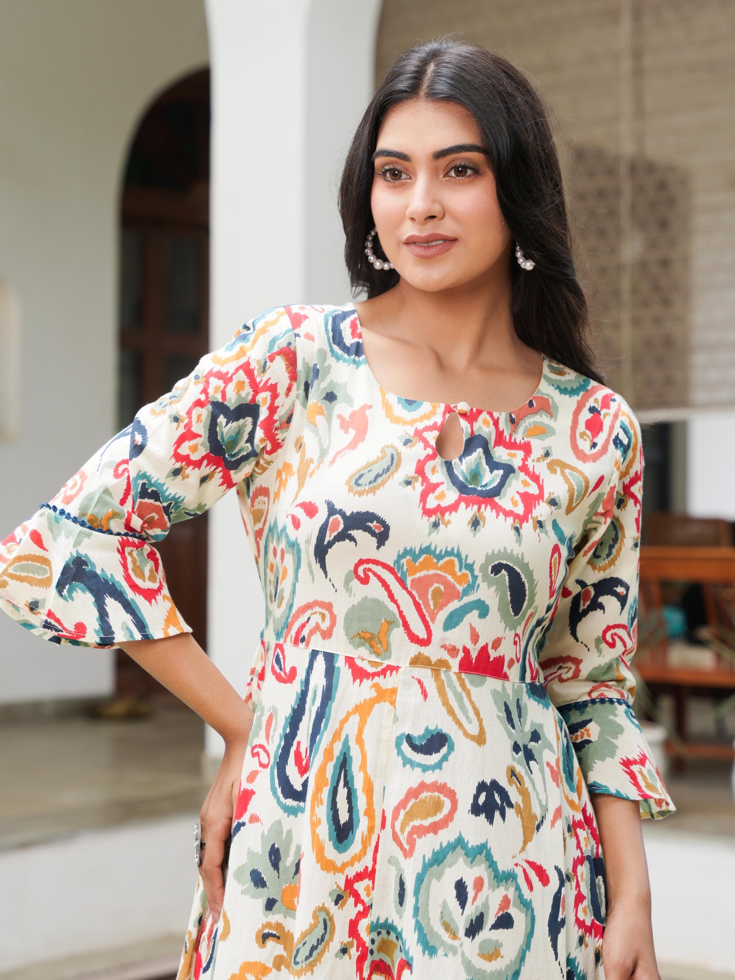 Soft Cotton Paisley Anarkali Off White Dress