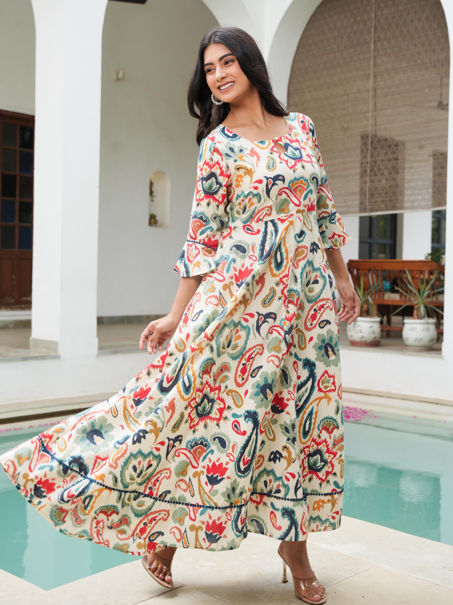 Soft Cotton Paisley Anarkali Off White Dress