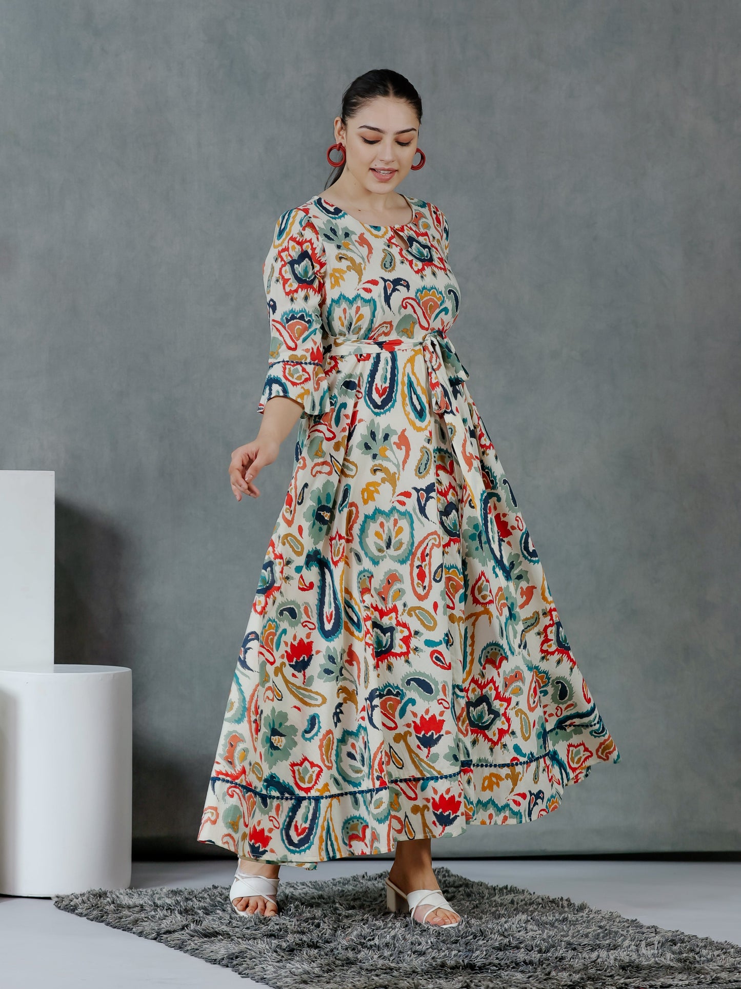 Soft Cotton Paisley Anarkali Off White Dress