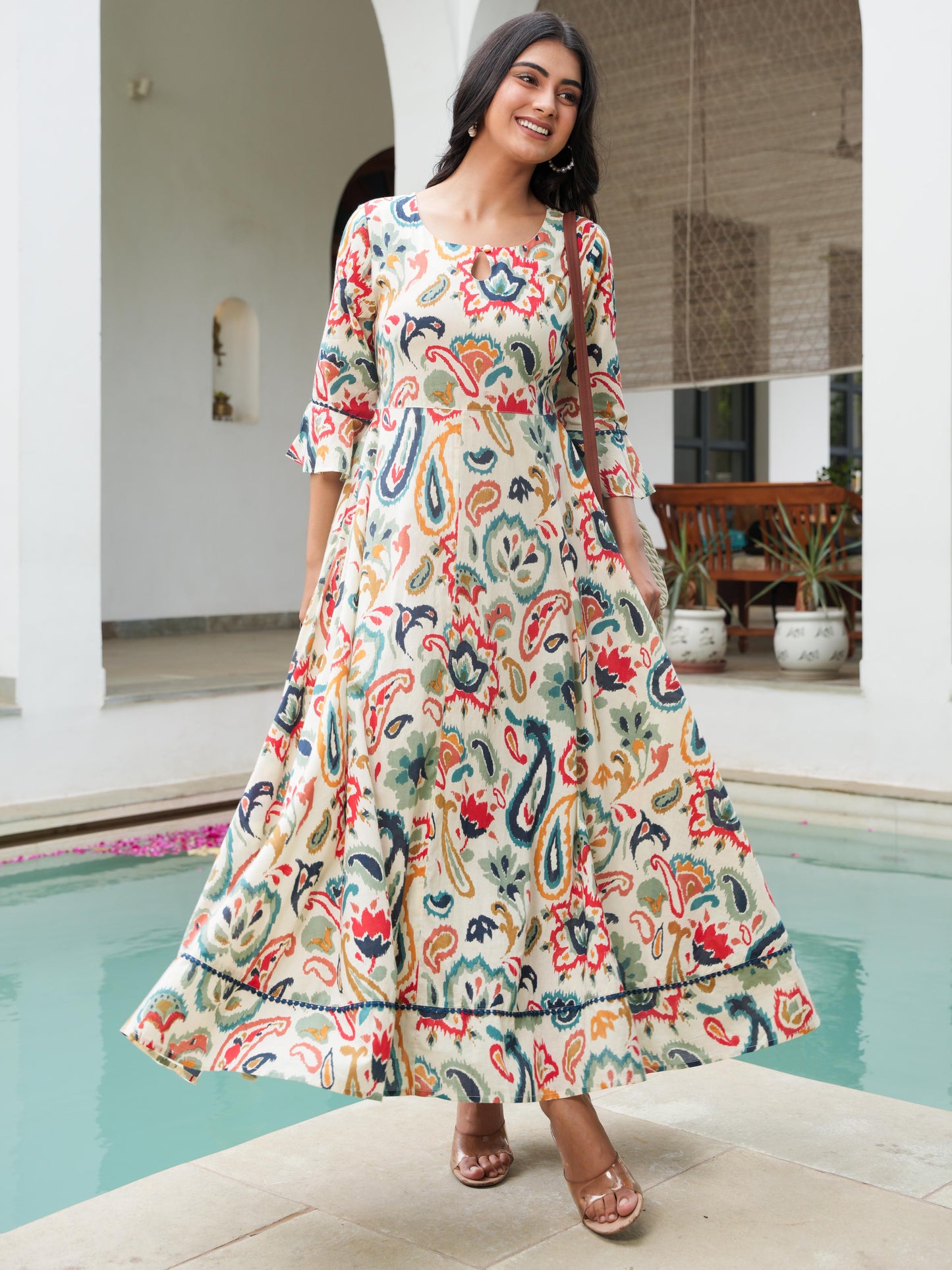 Soft Cotton Paisley Anarkali Off White Dress