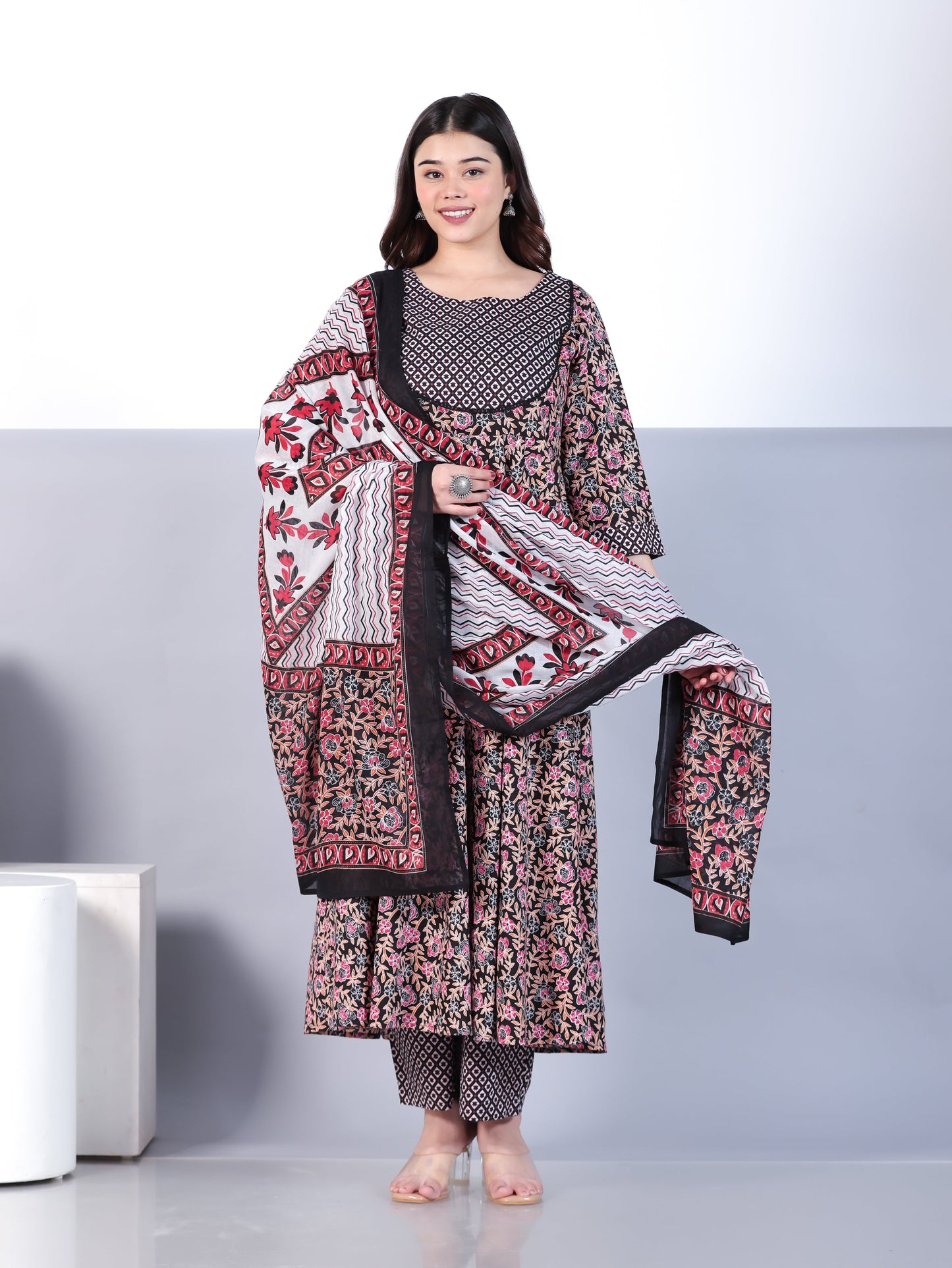 Cotton Voile Floral Black Dupatta