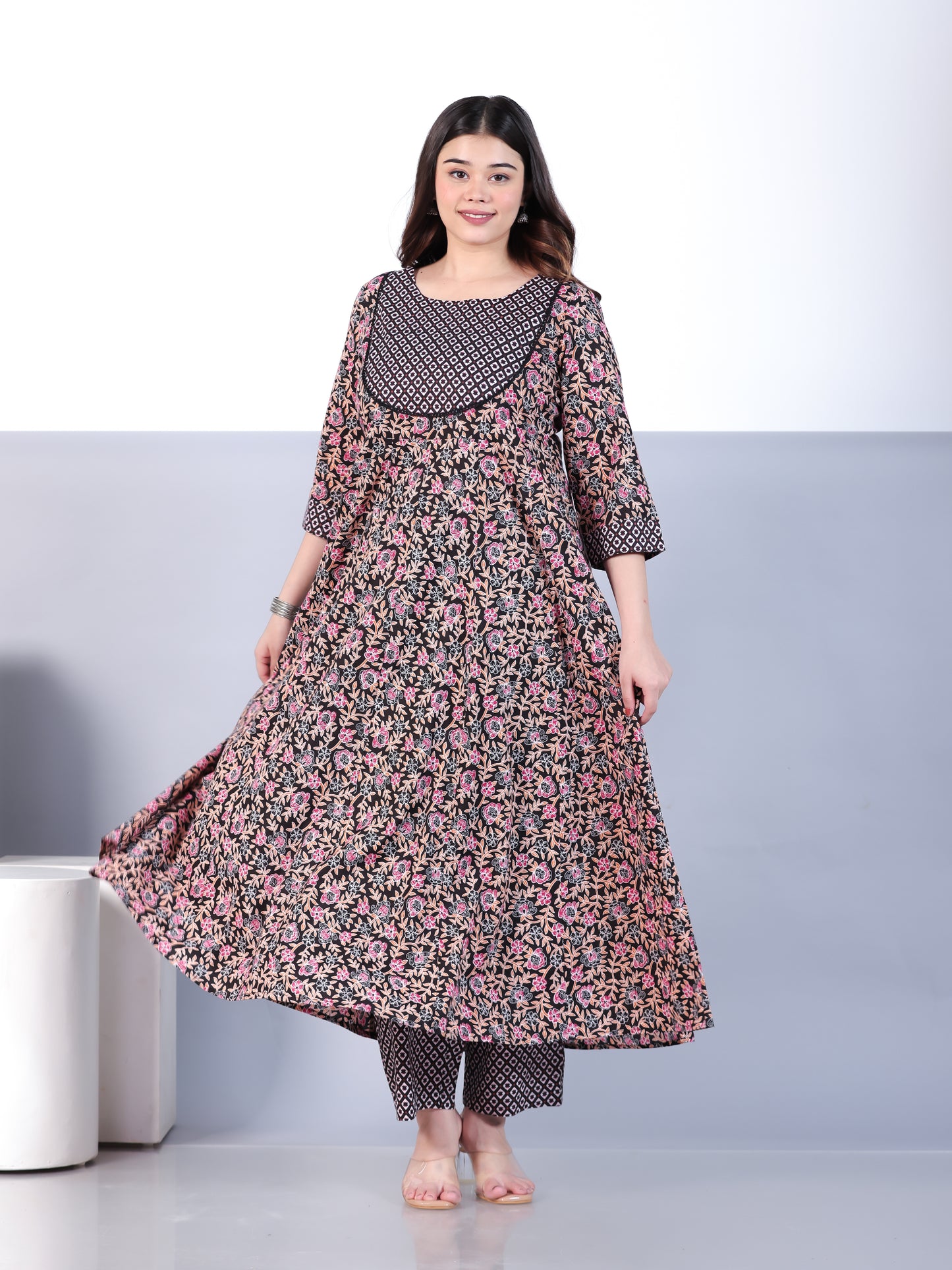 Soft Cotton Floral Anarkali Black Kurta