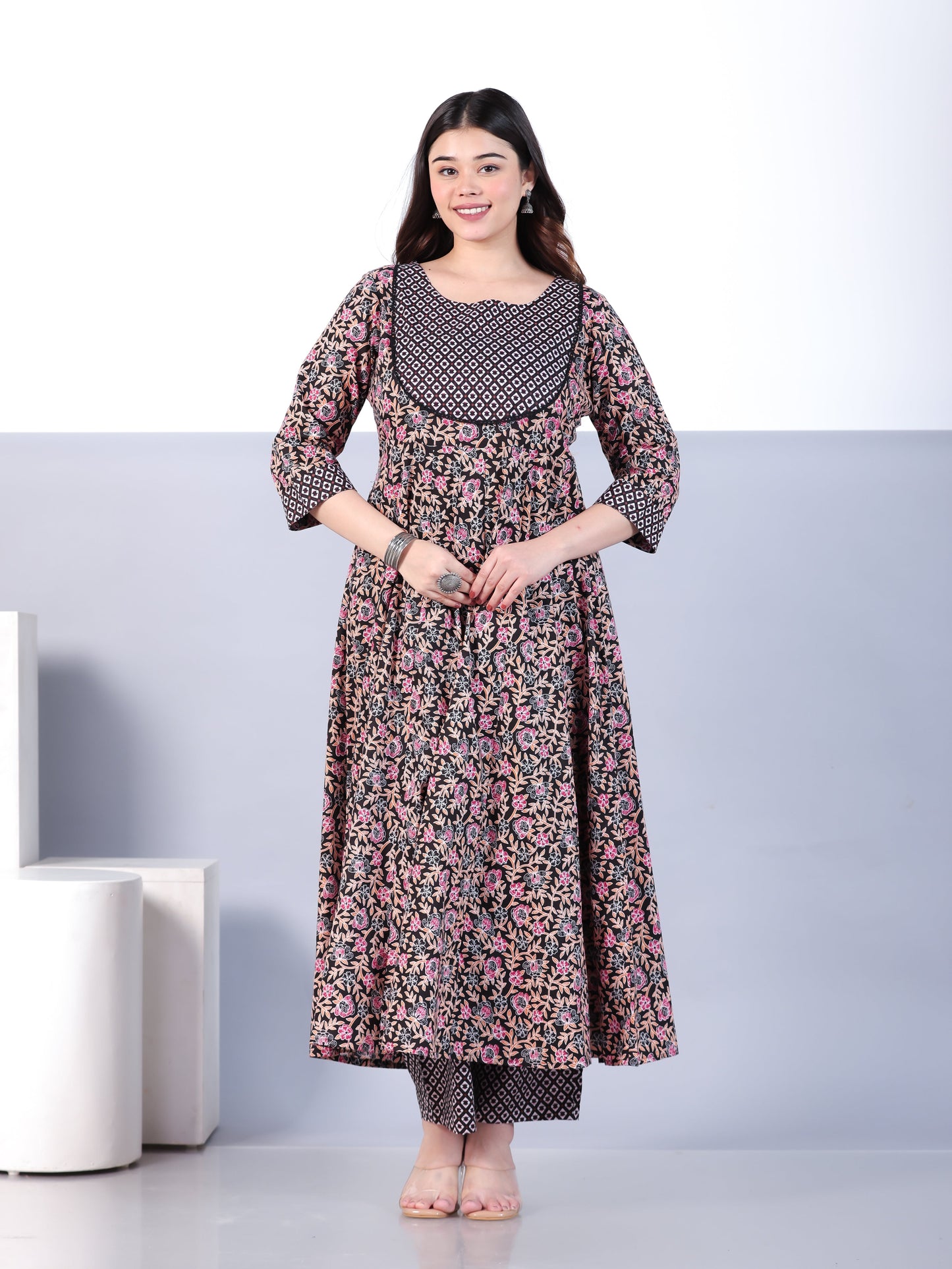 Soft Cotton Floral Anarkali Black Kurta
