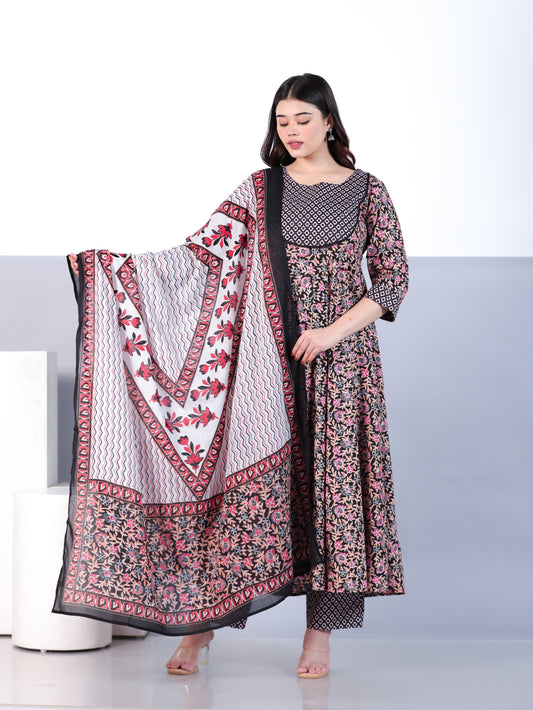 Soft Cotton Floral Anarkali Black Kurta
