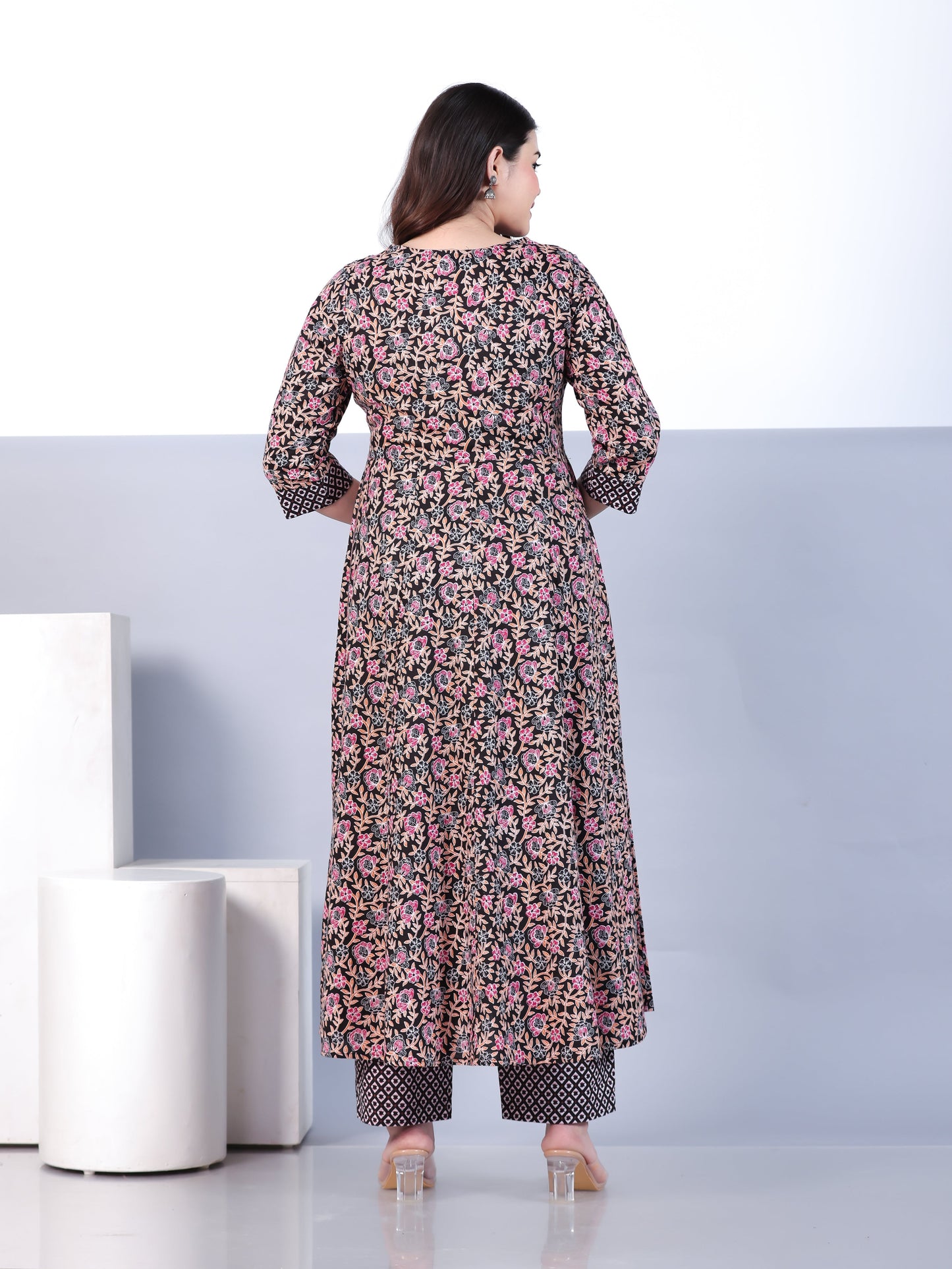 Soft Cotton Floral Anarkali Black Kurta
