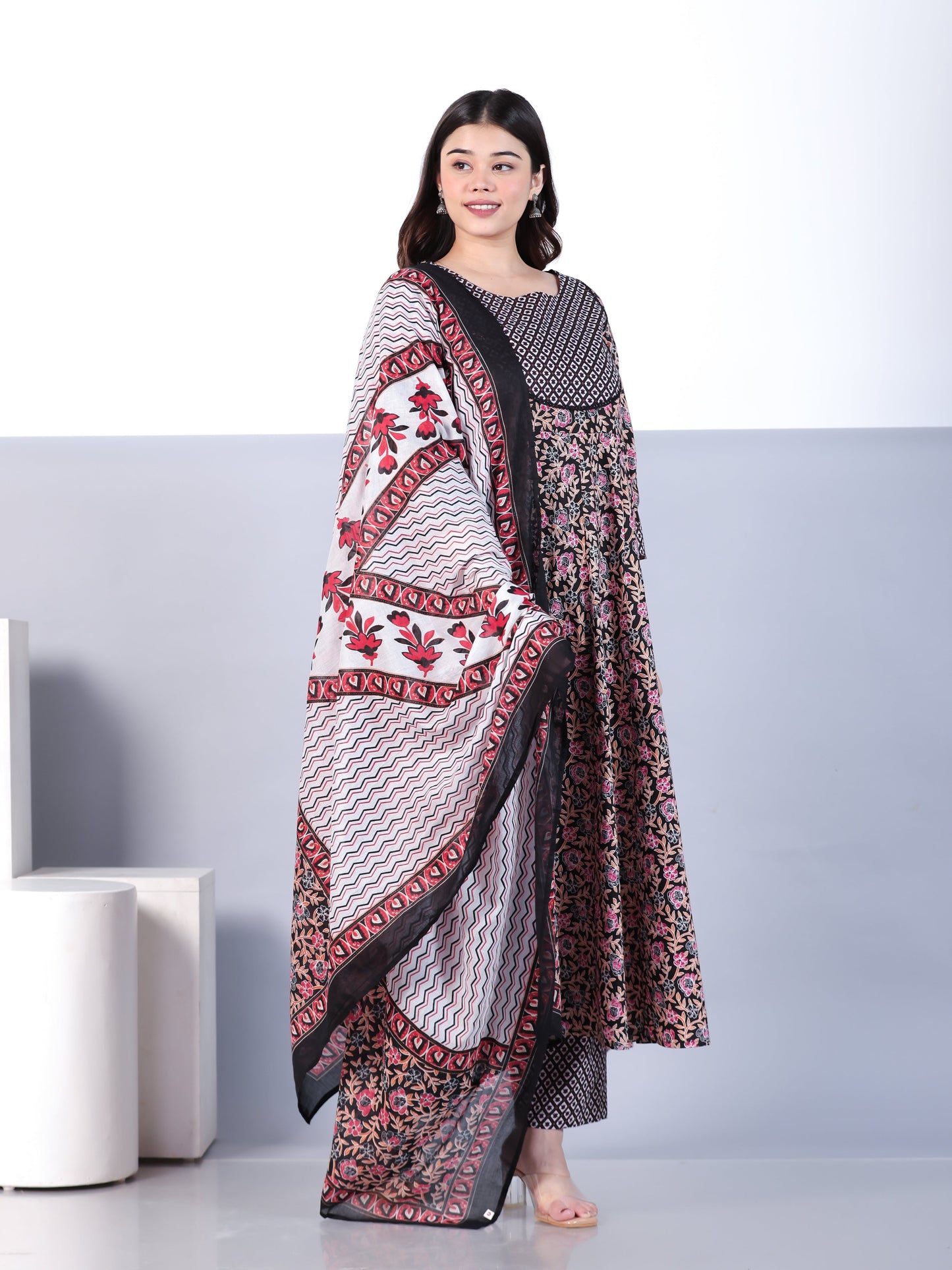 Soft Cotton Floral Anarkali Black Kurta
