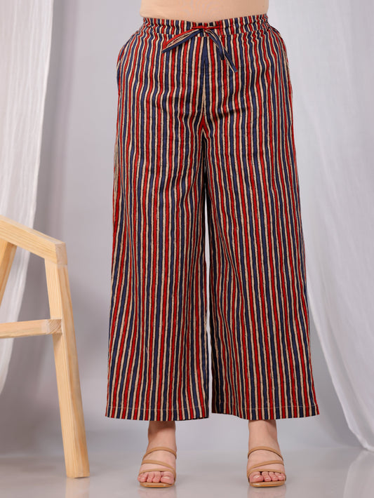 Soft Cotton Striped Red Flared Trousers