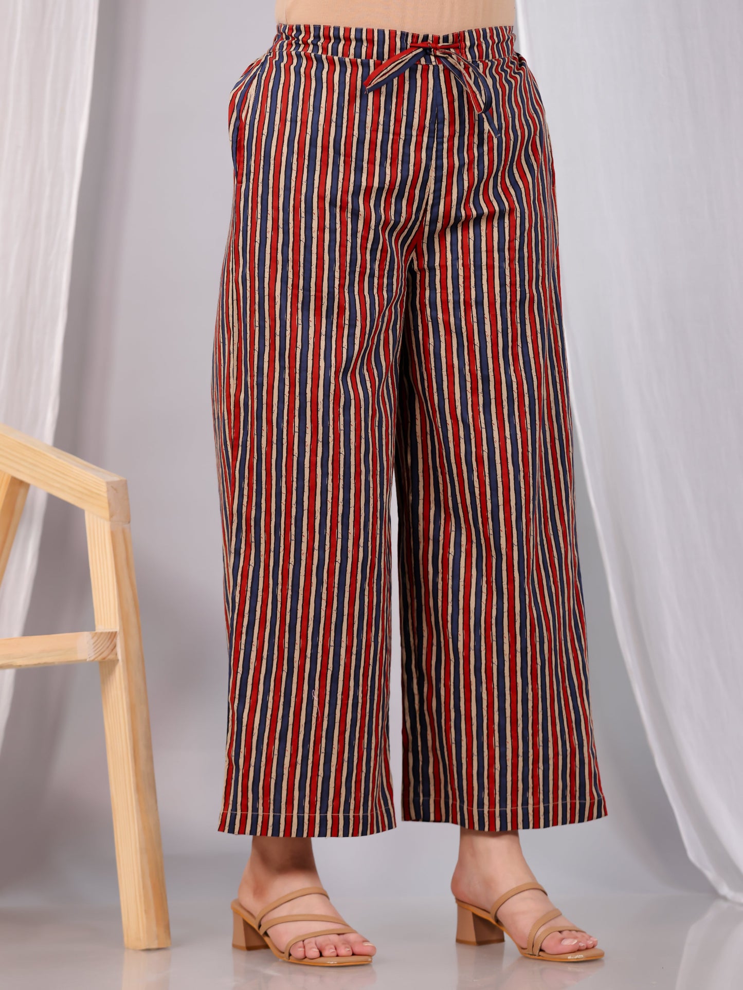 Soft Cotton Striped Red Flared Trousers