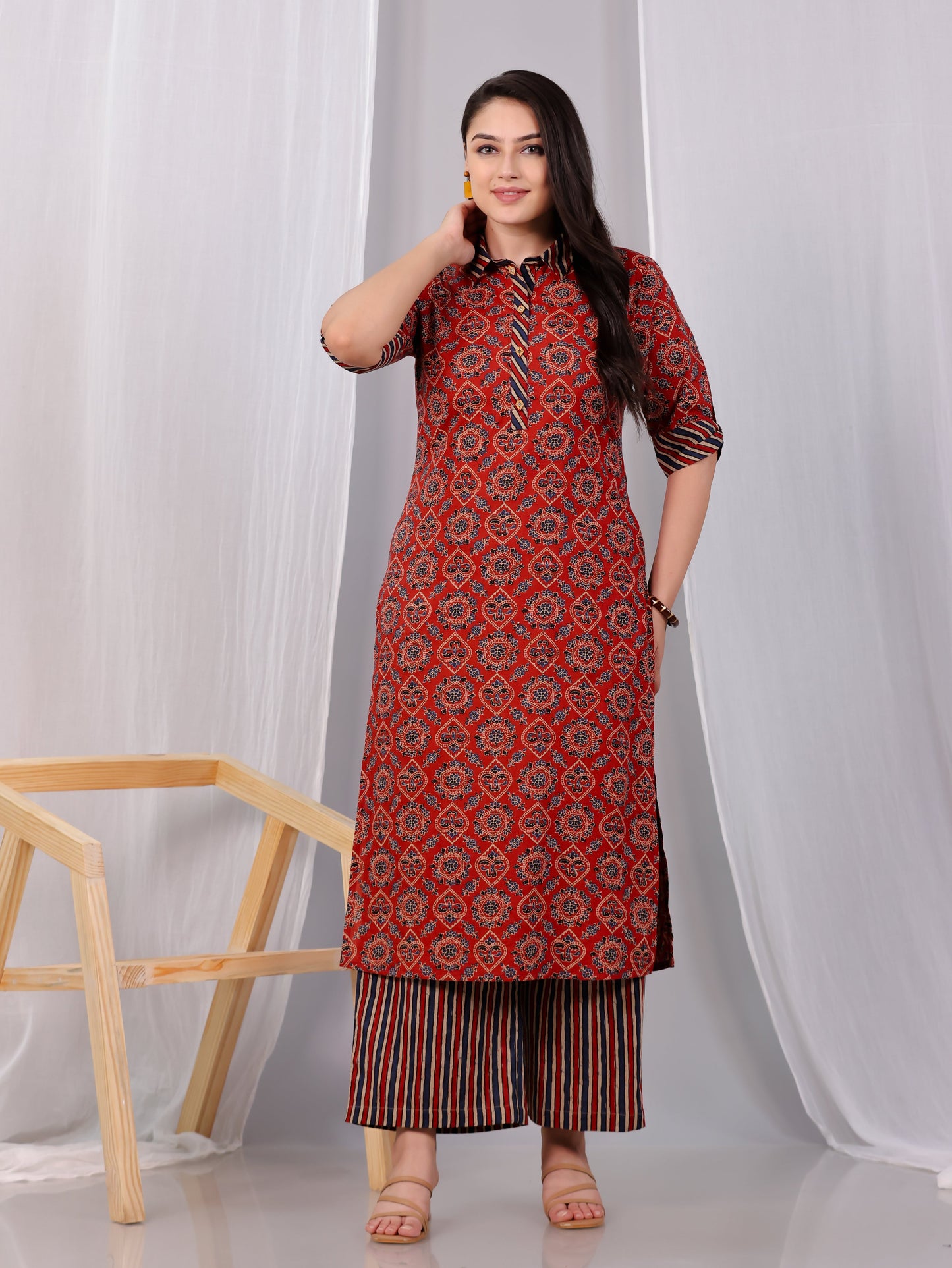 Soft Cotton Geometric Pathani Red Kurta