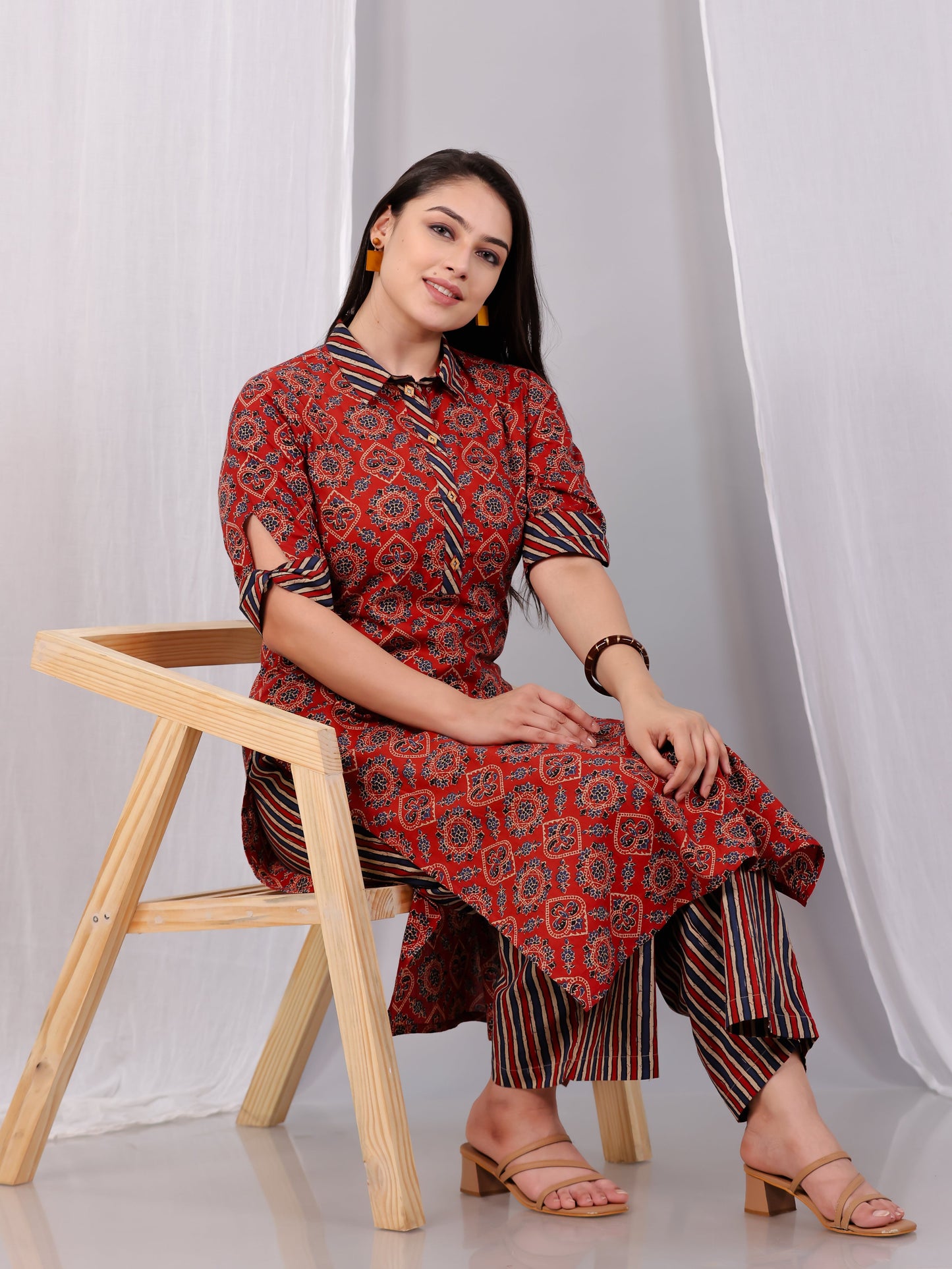 Soft Cotton Geometric Pathani Red Kurta