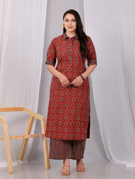 Soft Cotton Geometric Pathani Red Kurta