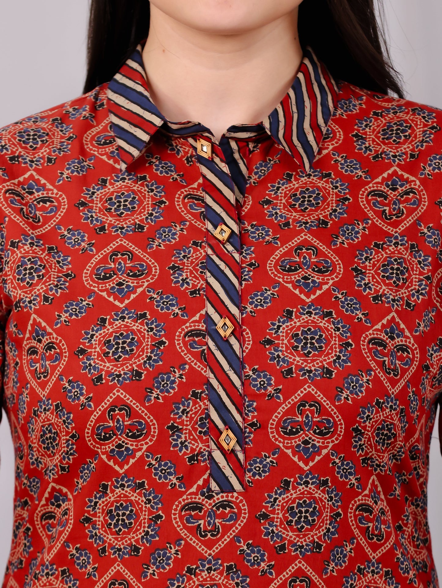 Soft Cotton Geometric Pathani Red Kurta