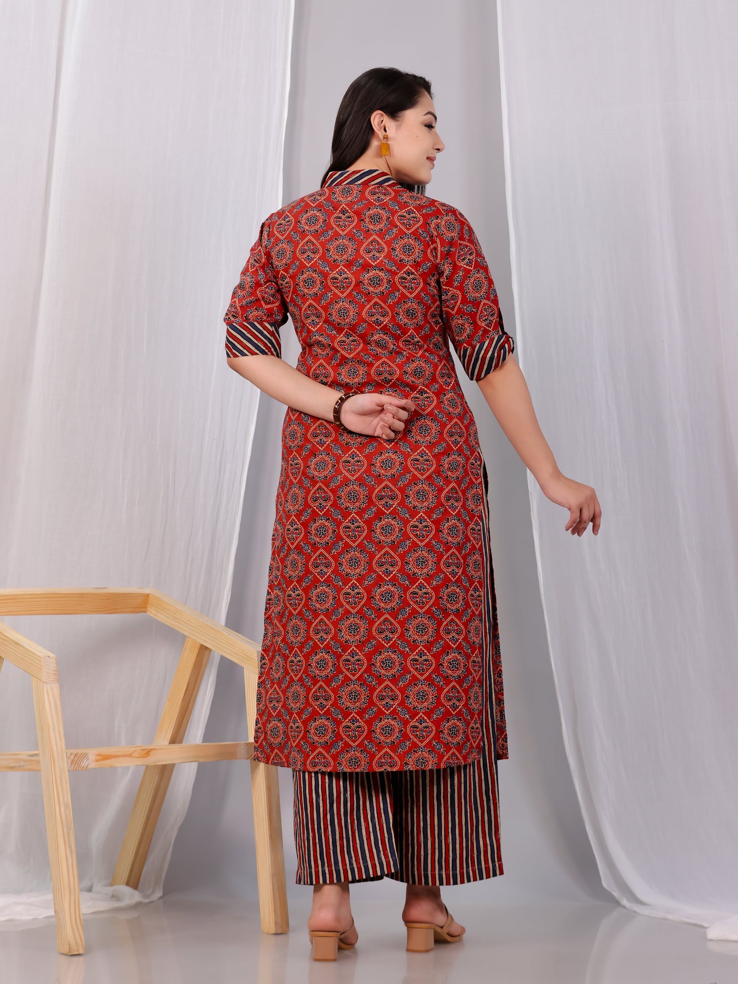 Soft Cotton Geometric Pathani Red Kurta