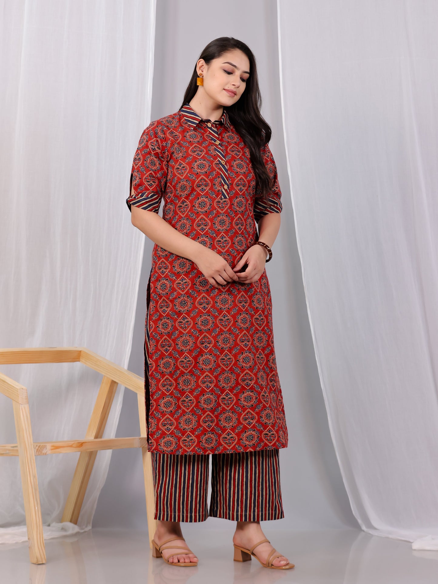Soft Cotton Geometric Pathani Red Kurta