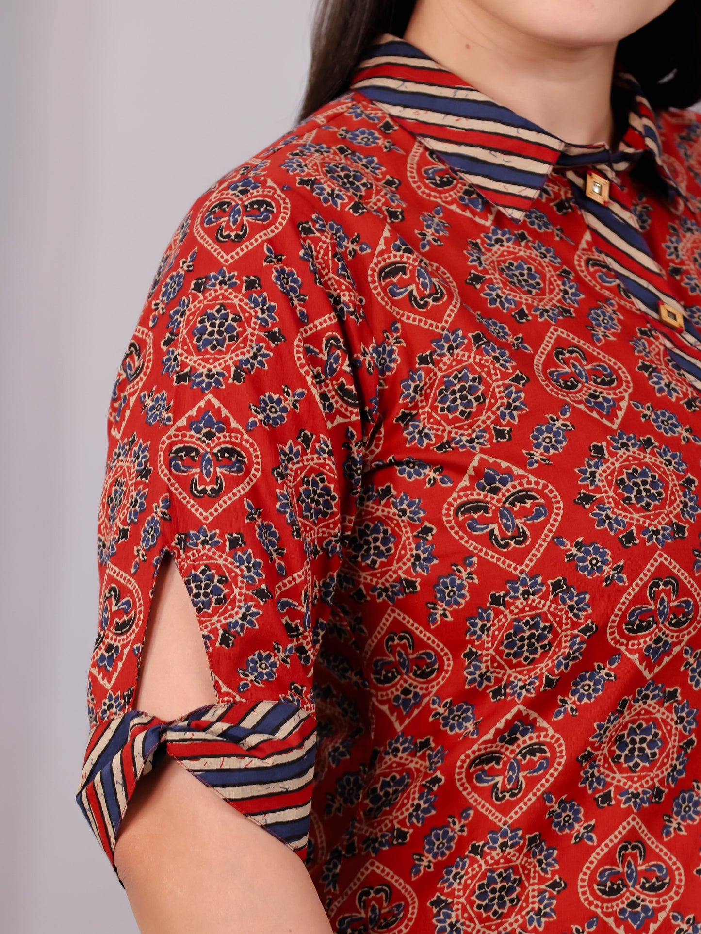 Soft Cotton Geometric Pathani Red Kurta