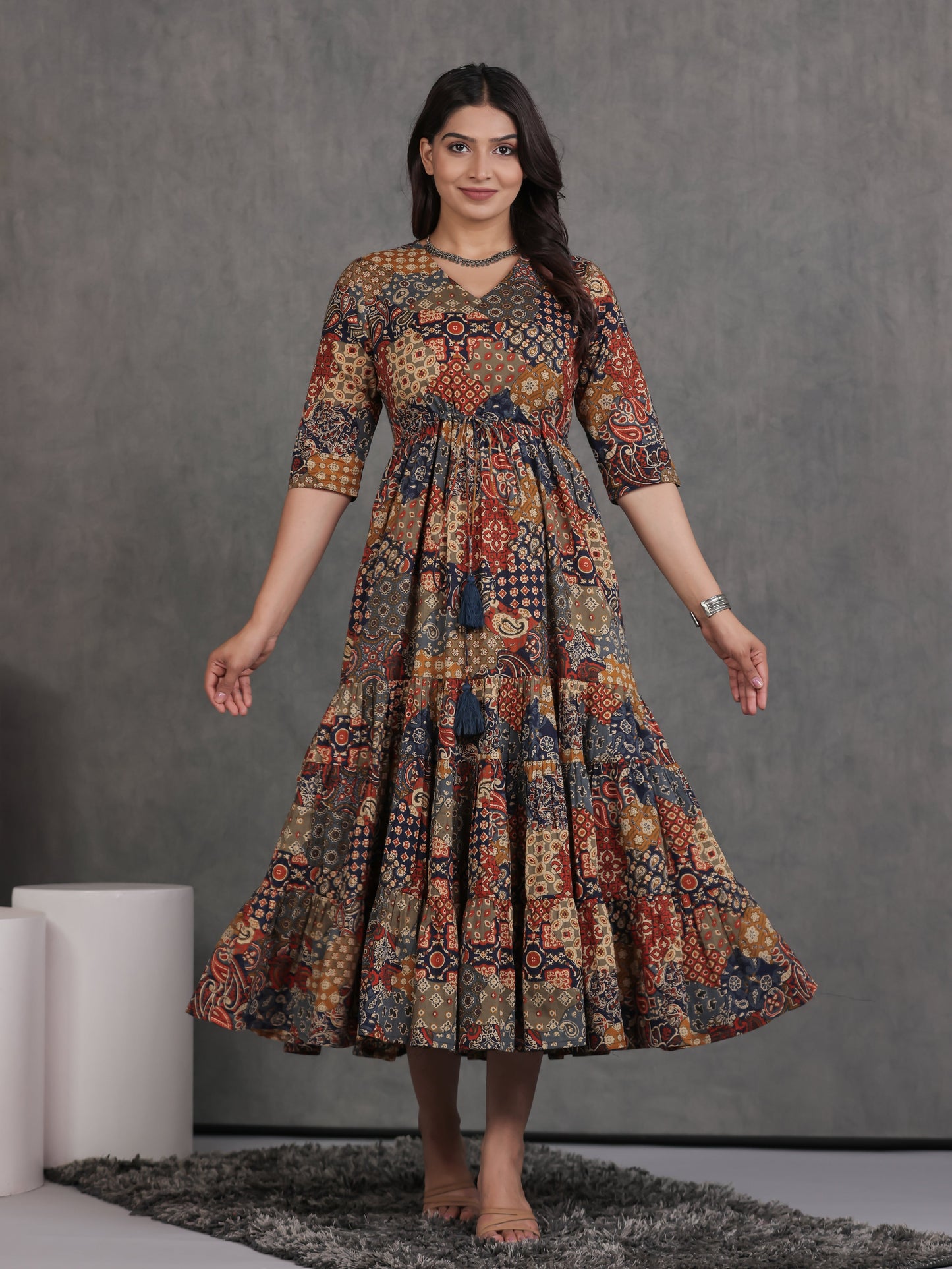 Soft Cotton Patchwork A-line Multicolor Dress