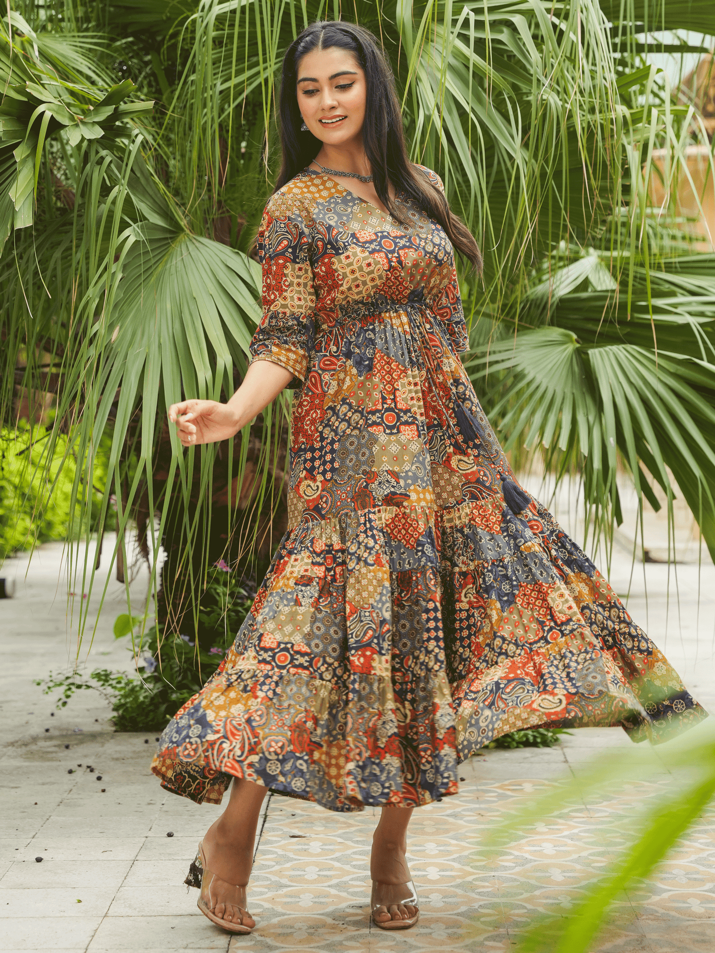 Soft Cotton Patchwork Anarkali Multicolor Dress