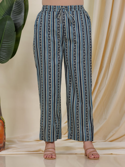 Soft Cotton Border print Blue Straight Trousers
