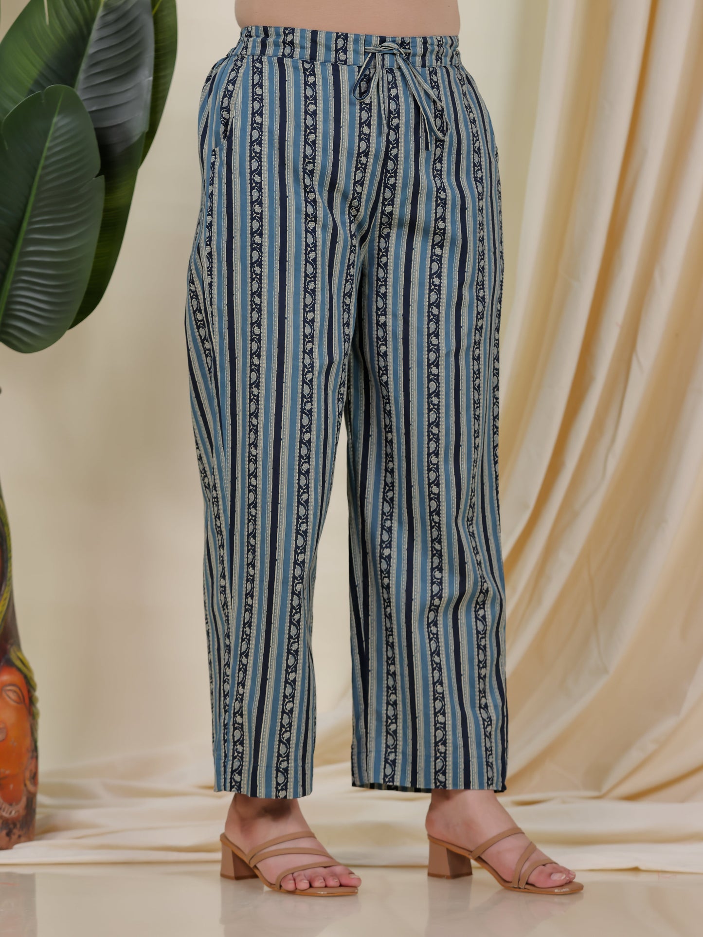 Soft Cotton Border print Blue Straight Trousers