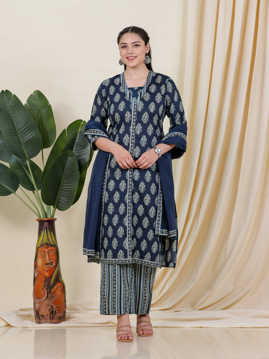 Cotton Voile Border print Blue Dupatta