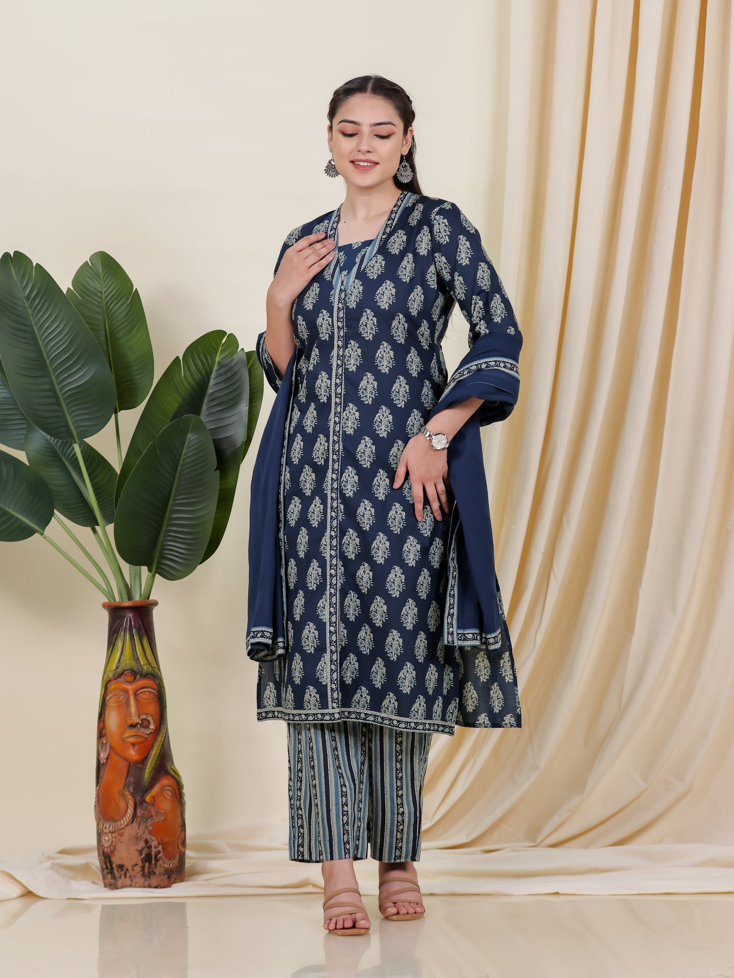 Soft Cotton Floral A-line Blue Kurta