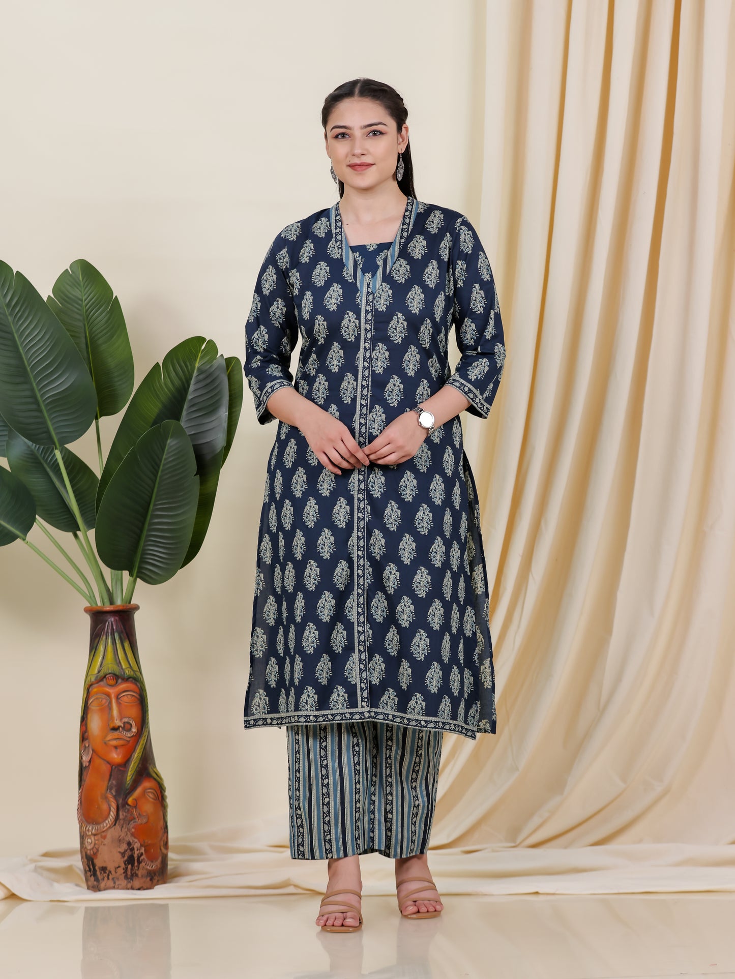 Soft Cotton Floral A-line Blue Kurta