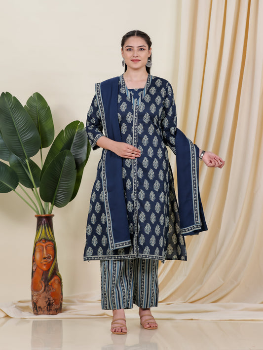 Soft Cotton Floral A-line Blue Kurta