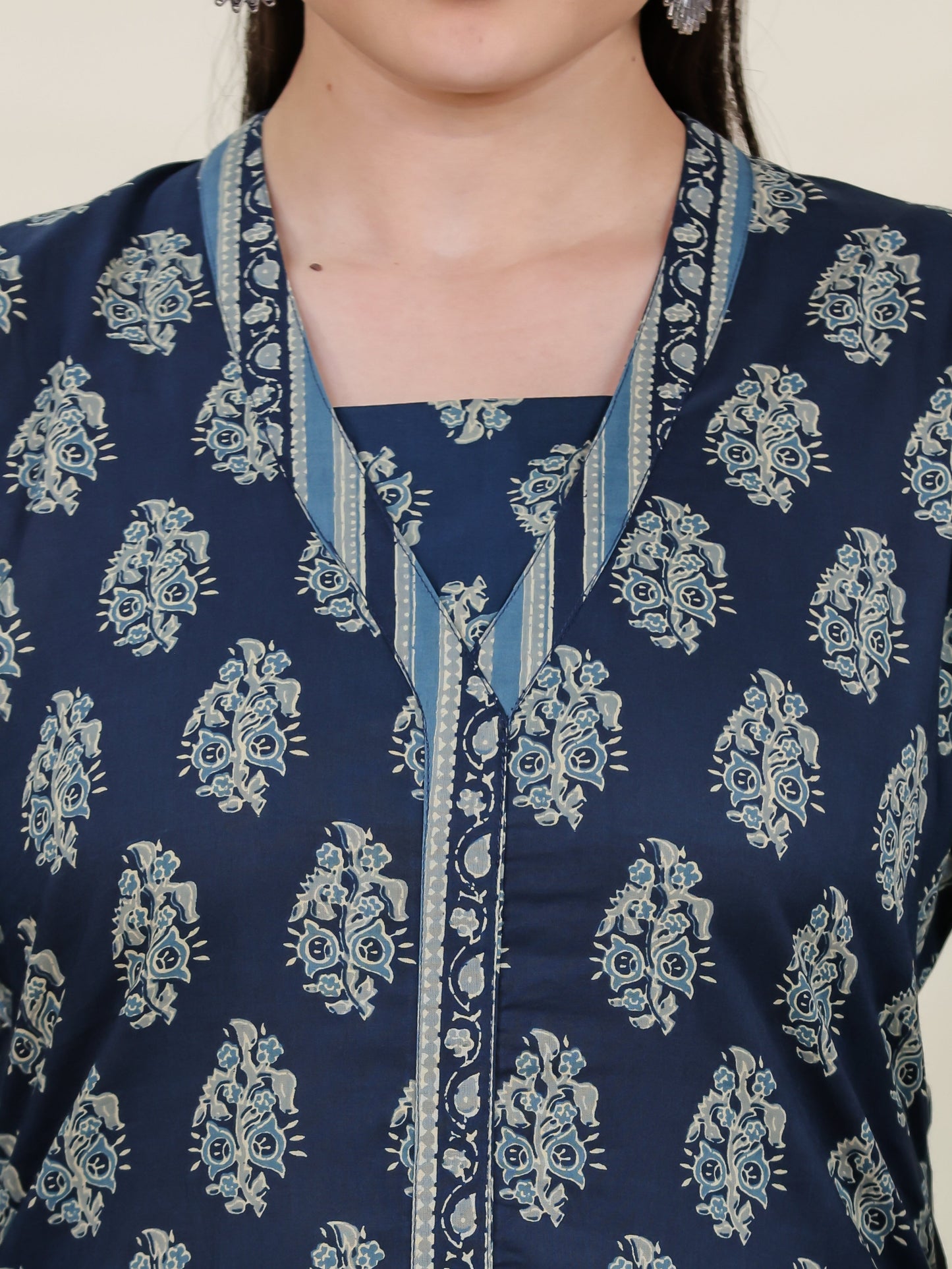 Soft Cotton Floral A-line Blue Kurta