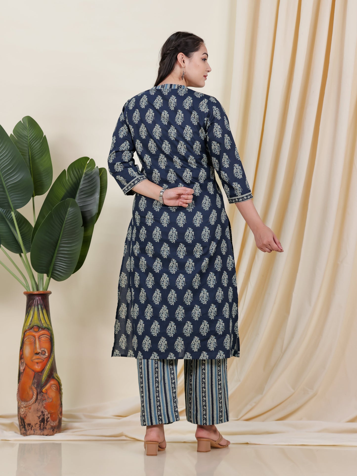 Soft Cotton Floral A-line Blue Kurta
