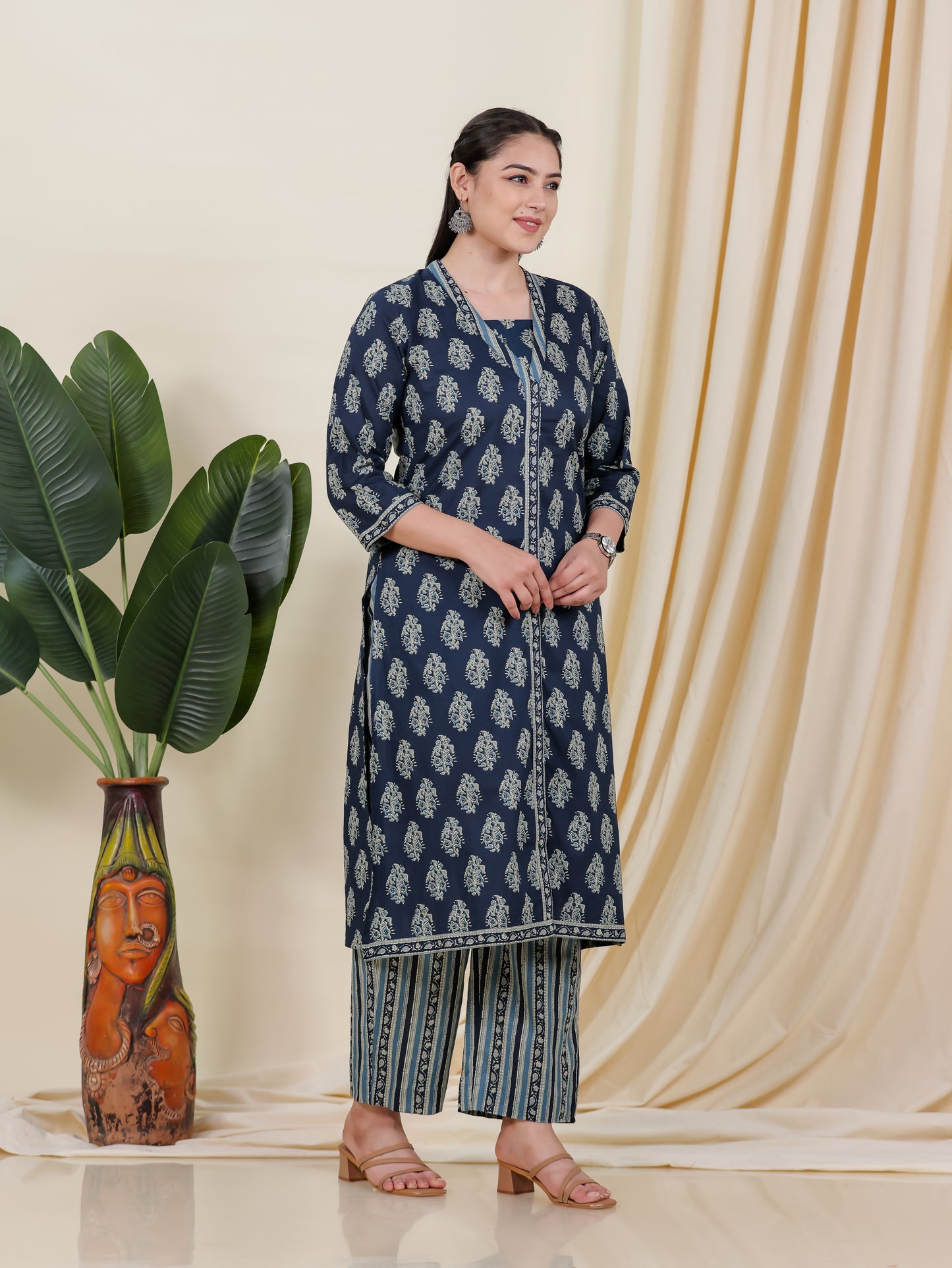 Soft Cotton Floral A-line Blue Kurta