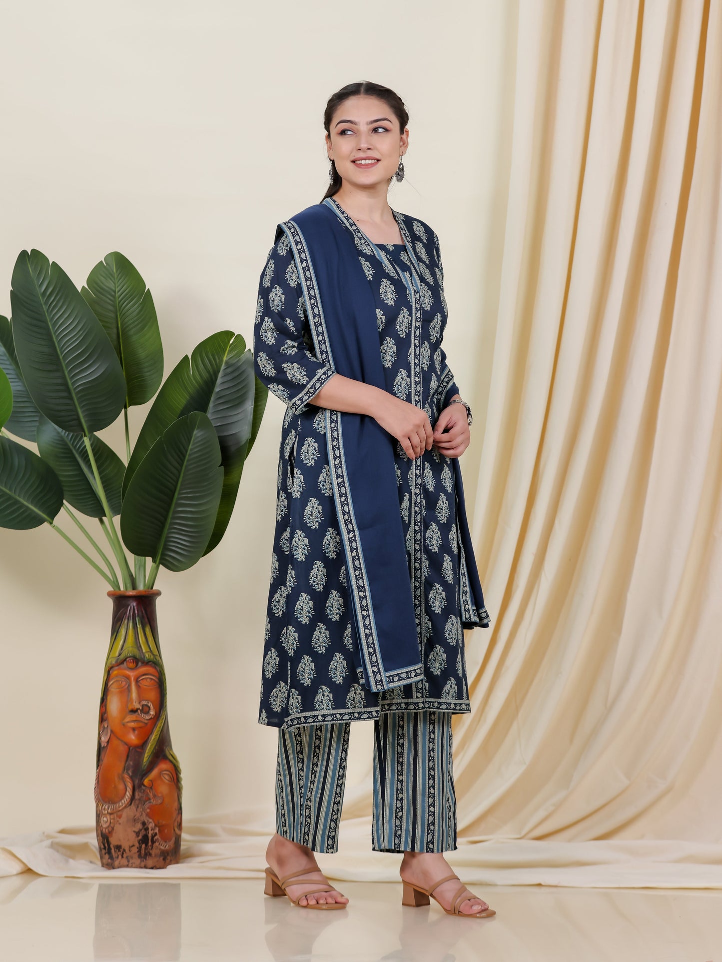 Soft Cotton Floral A-line Blue Kurta