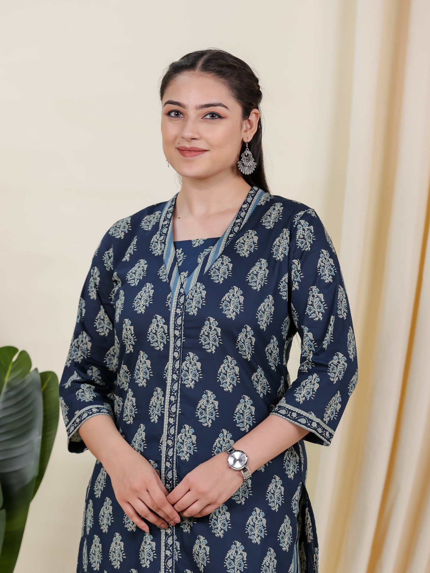 Soft Cotton Floral A-line Blue Kurta