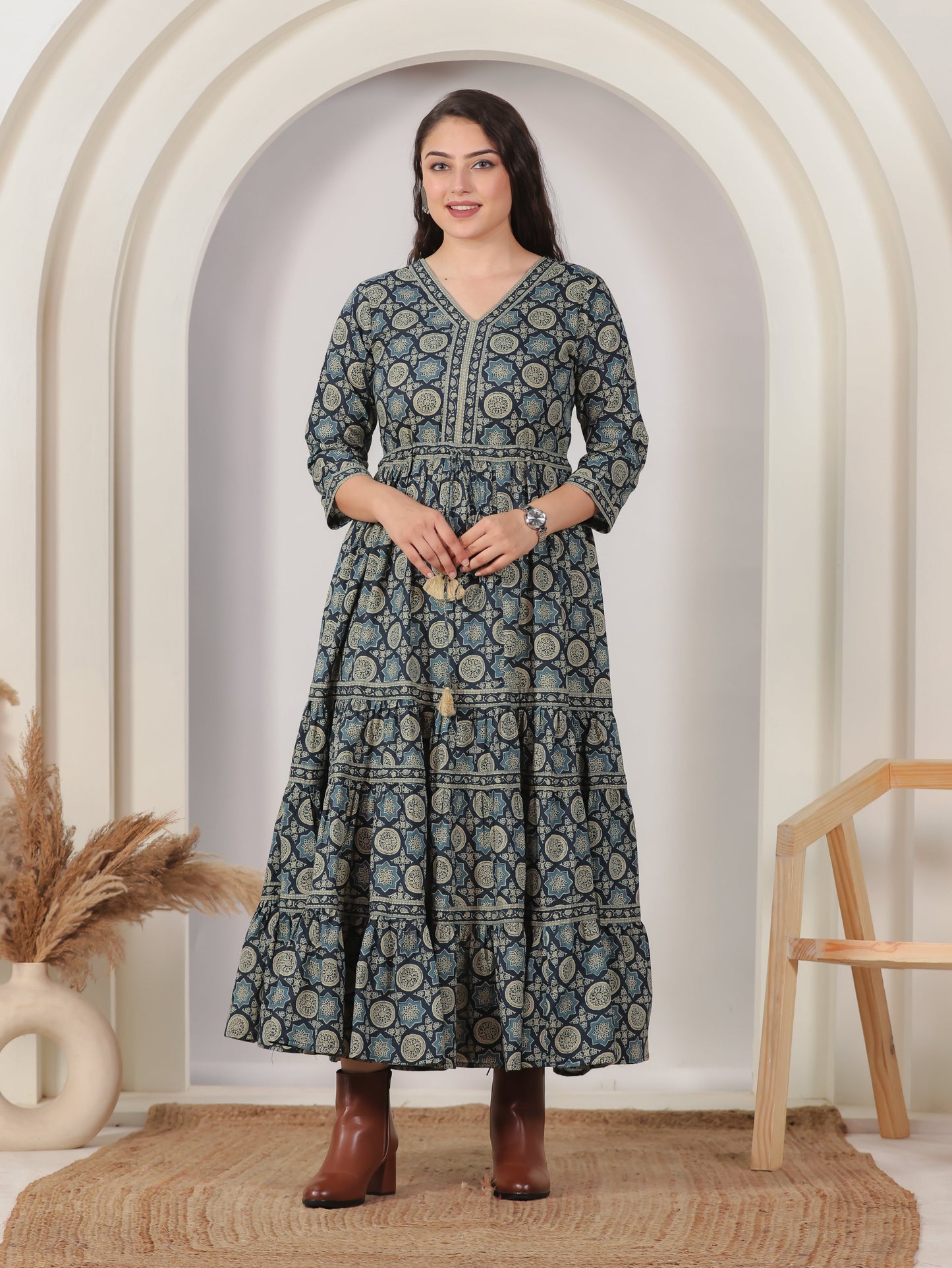 Soft Cotton Geometric Anarkali Blue Dress