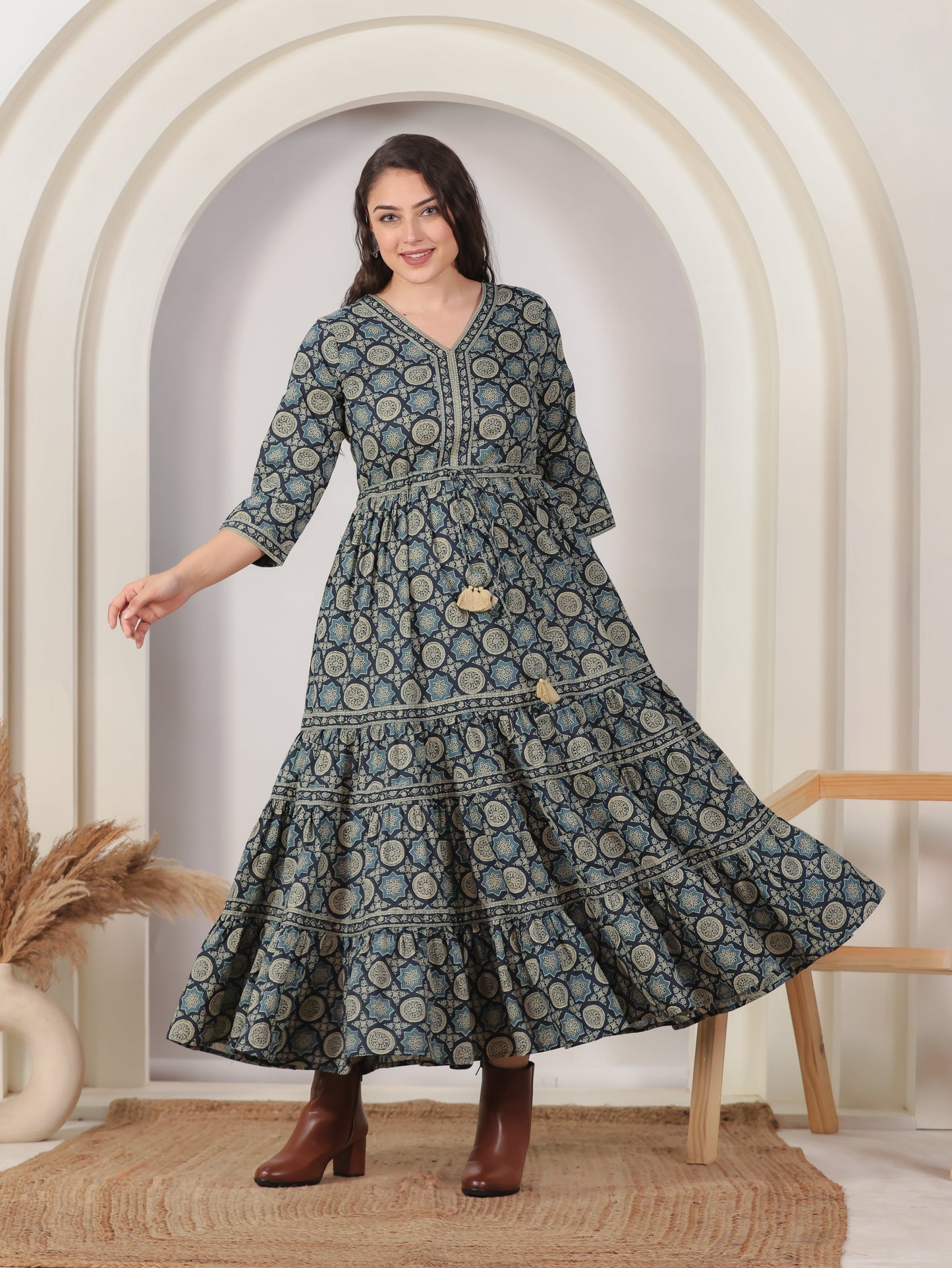 Soft Cotton Geometric Anarkali Blue Dress